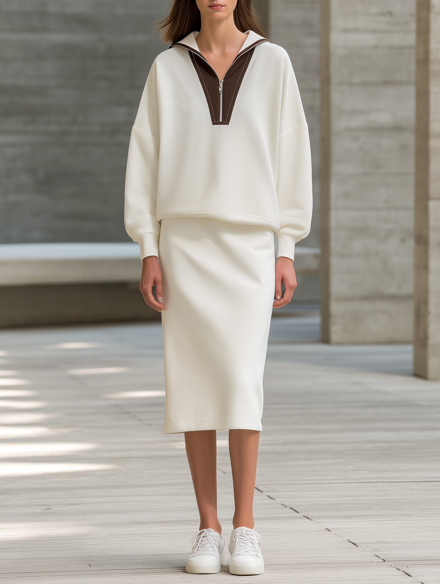 Off-white Half-placket Top And Straight-cut Skirt Set