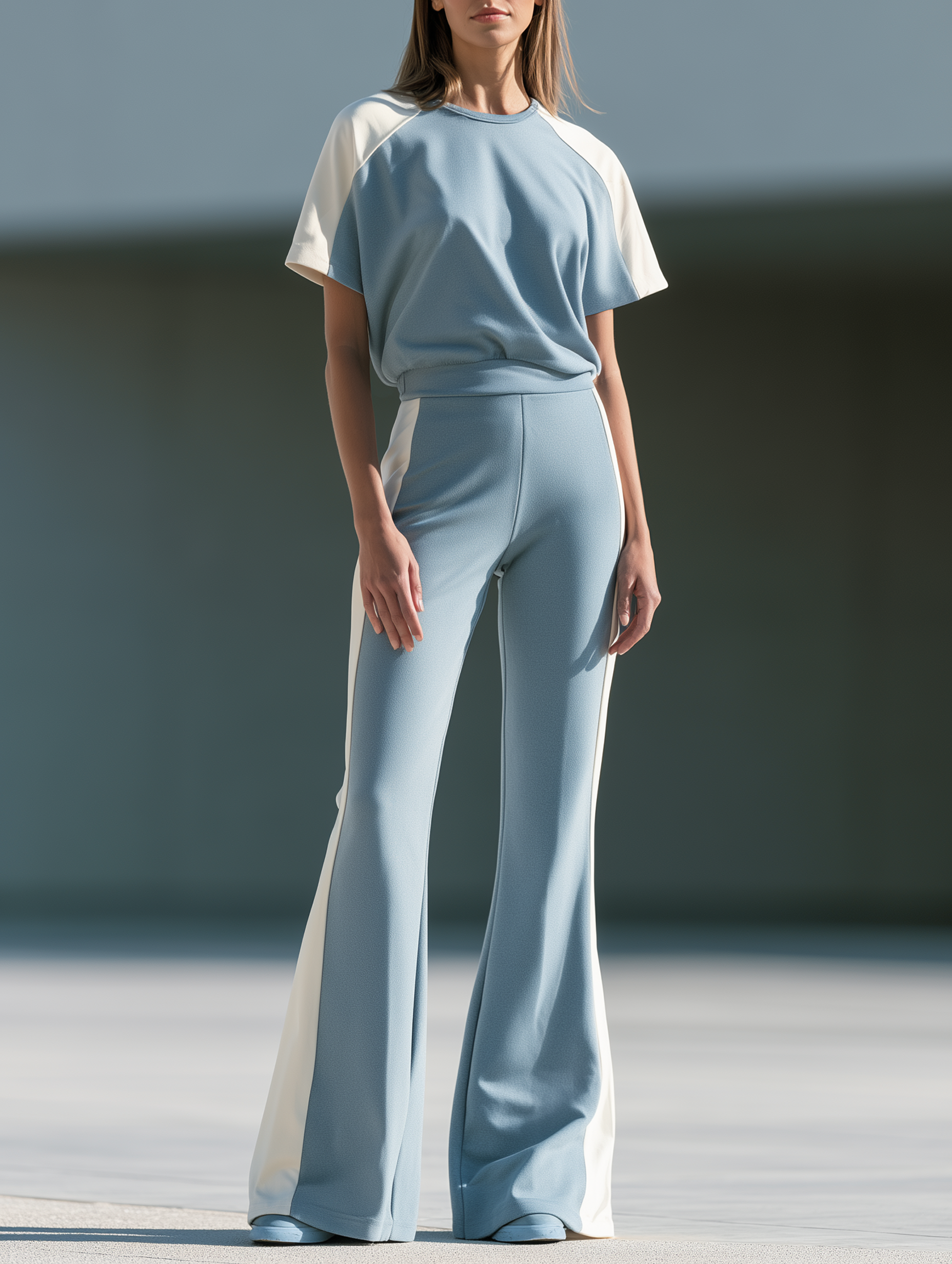 Women's Color Block Short Sleeve Top and Flared Pants Two-Piece Set