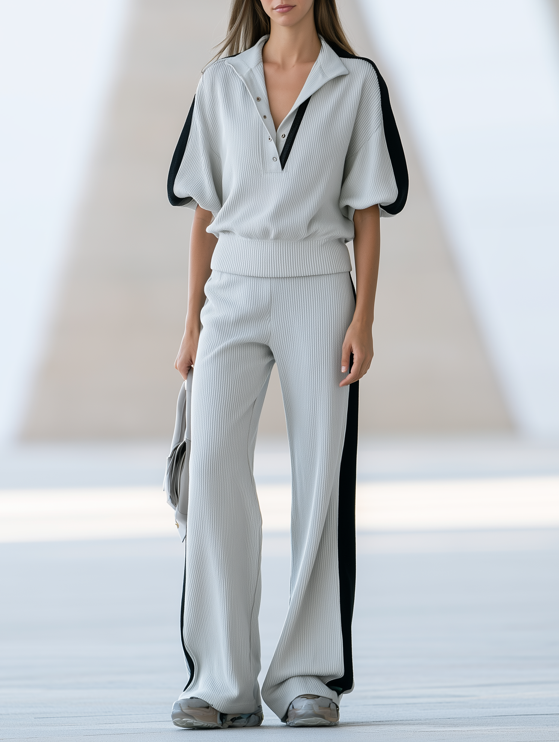 Light Gray Half-button Knit Top And Wide-leg Trousers Set