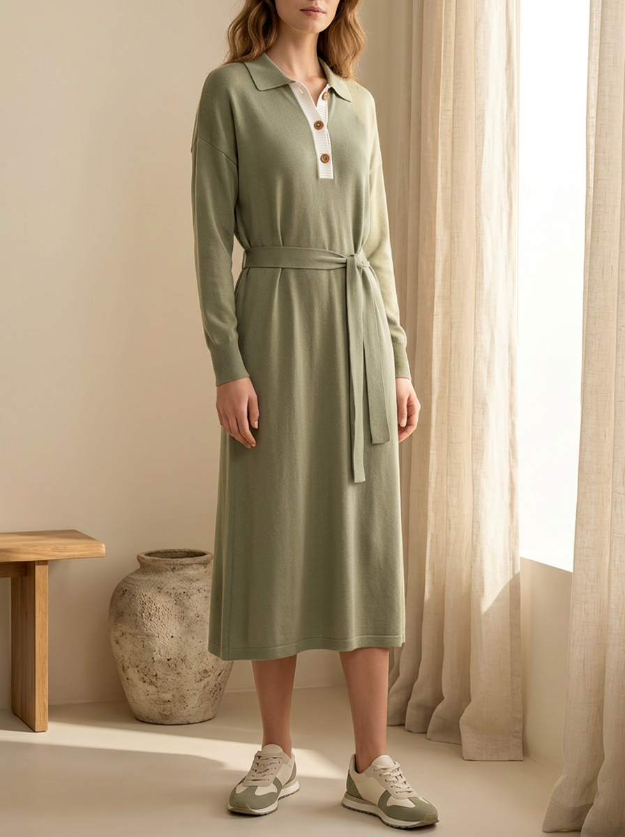 Olive Green Half-button Lace-up Sweater Dress