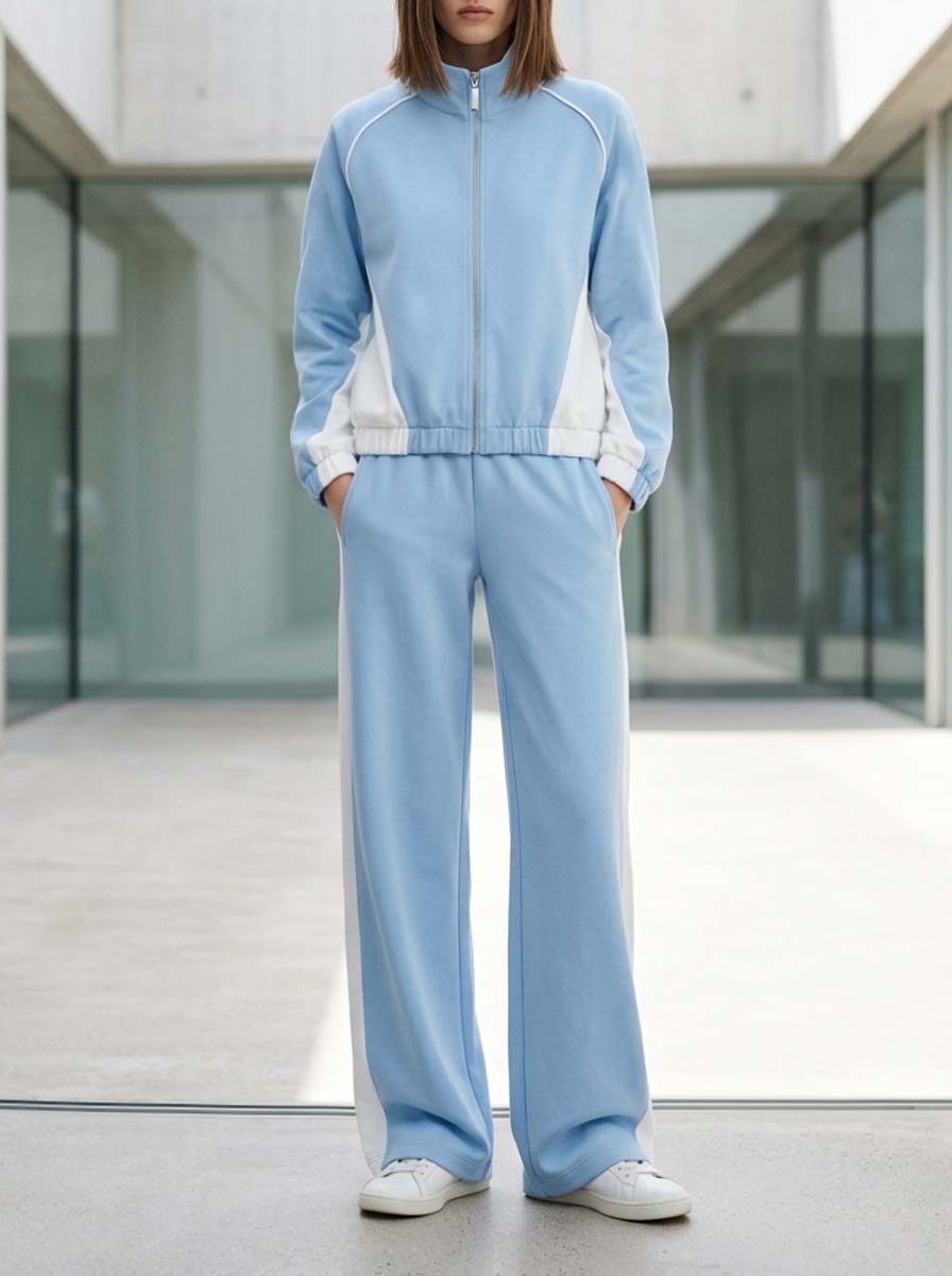 Stylish And Casual Blue-and-white Color-block Long-sleeve Top And Trousers Set
