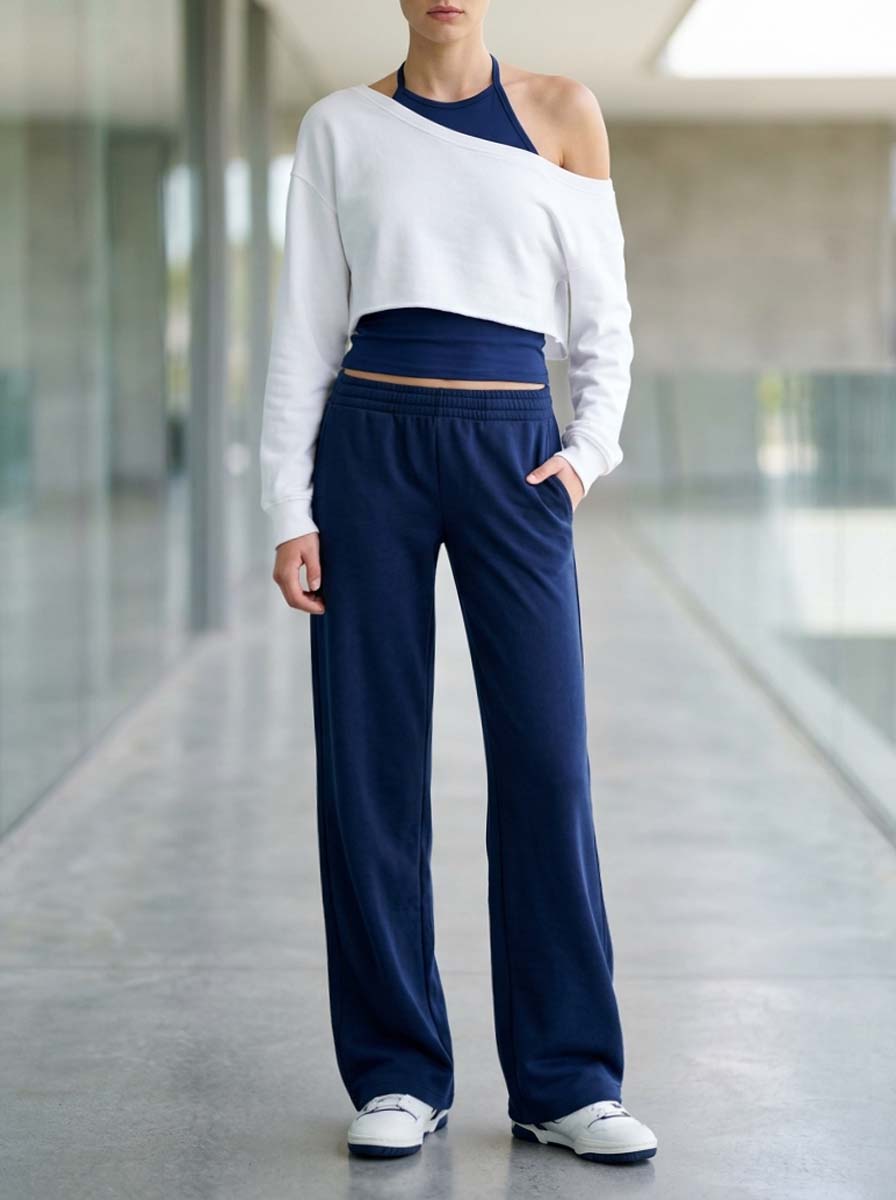 Stylish White One-shoulder Long-sleeve And Navy Blue Halter-neck Top And Trousers Set