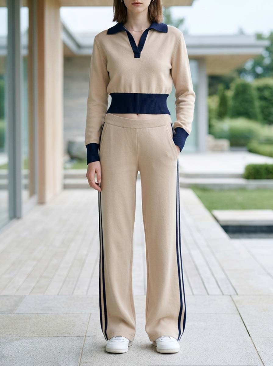 Stylish Khaki And Navy Color-Block Long-Sleeve Top And Trousers Set With Lapel Collar