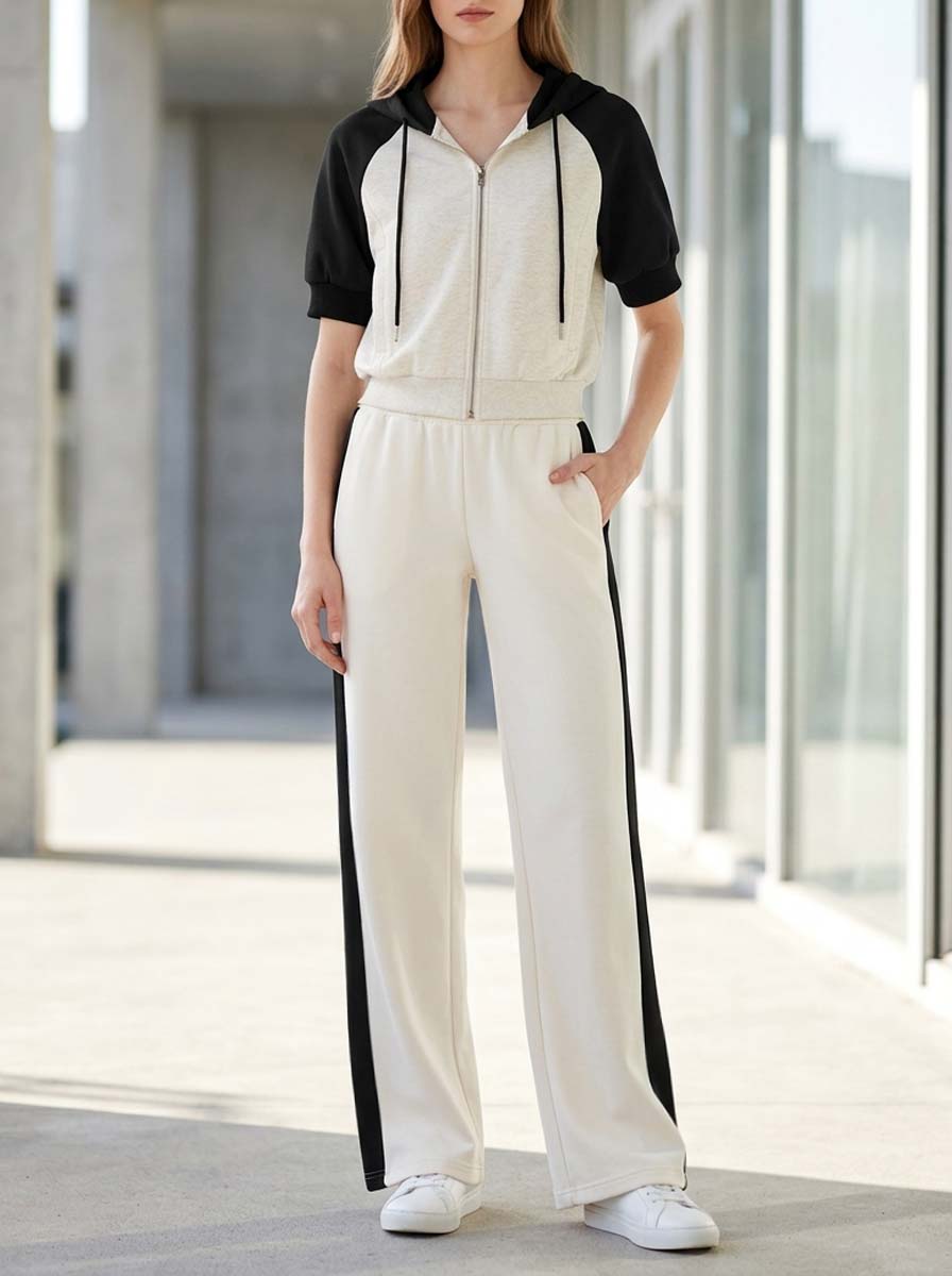 Beige And Black Color-block Short-sleeve Hooded Top And Trousers Set—casual Commuter Style