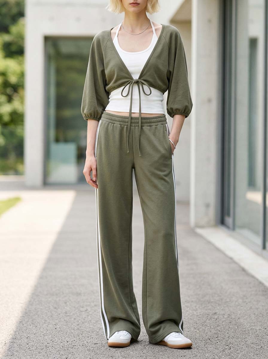Stylish Casual Khaki-Green Mid-Sleeve Tie-Detail Top And Trousers Set