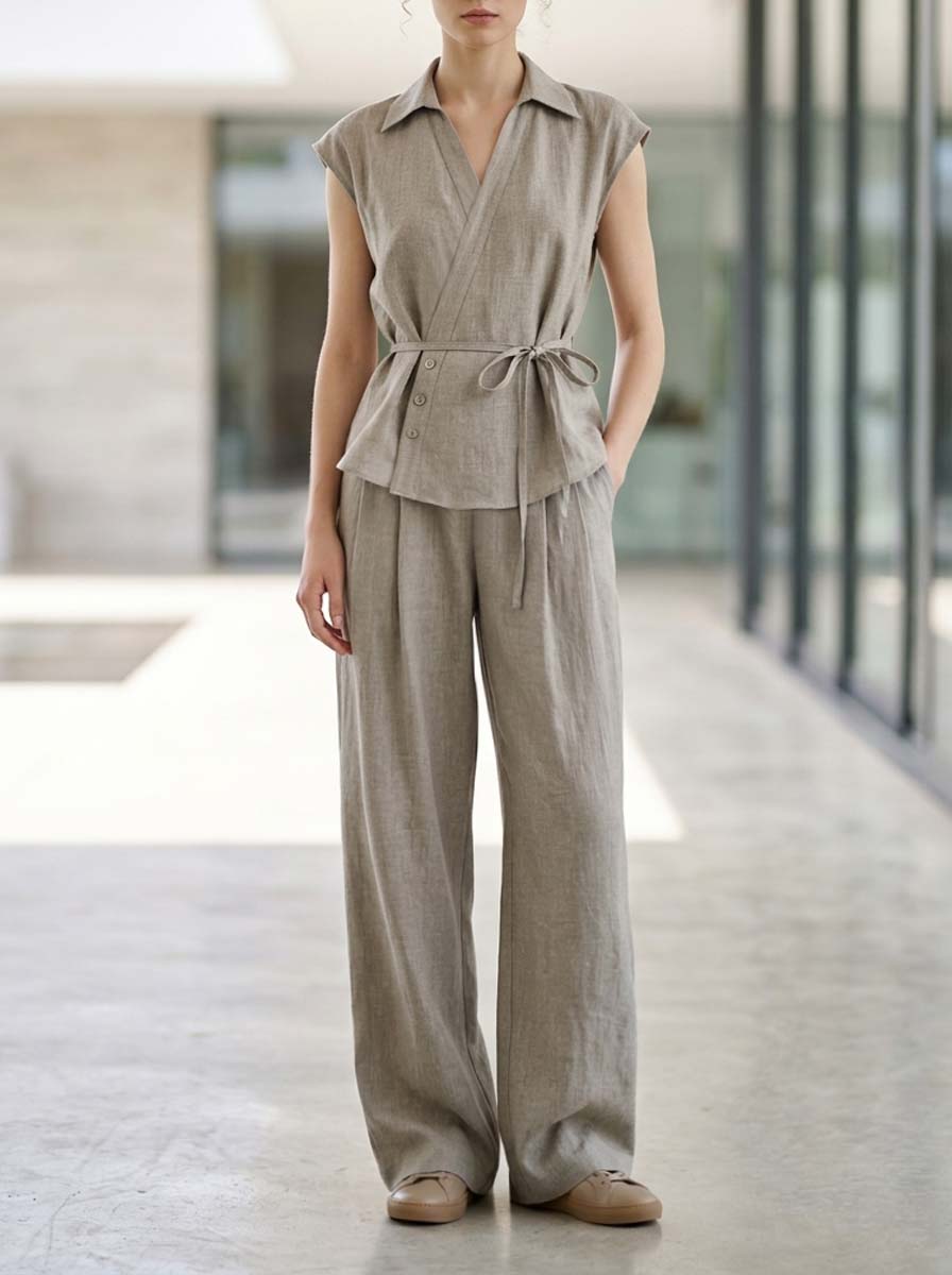 Casual Oatmeal-Colored Short-Sleeve Top And Pants Set With Collar And Faux Placket