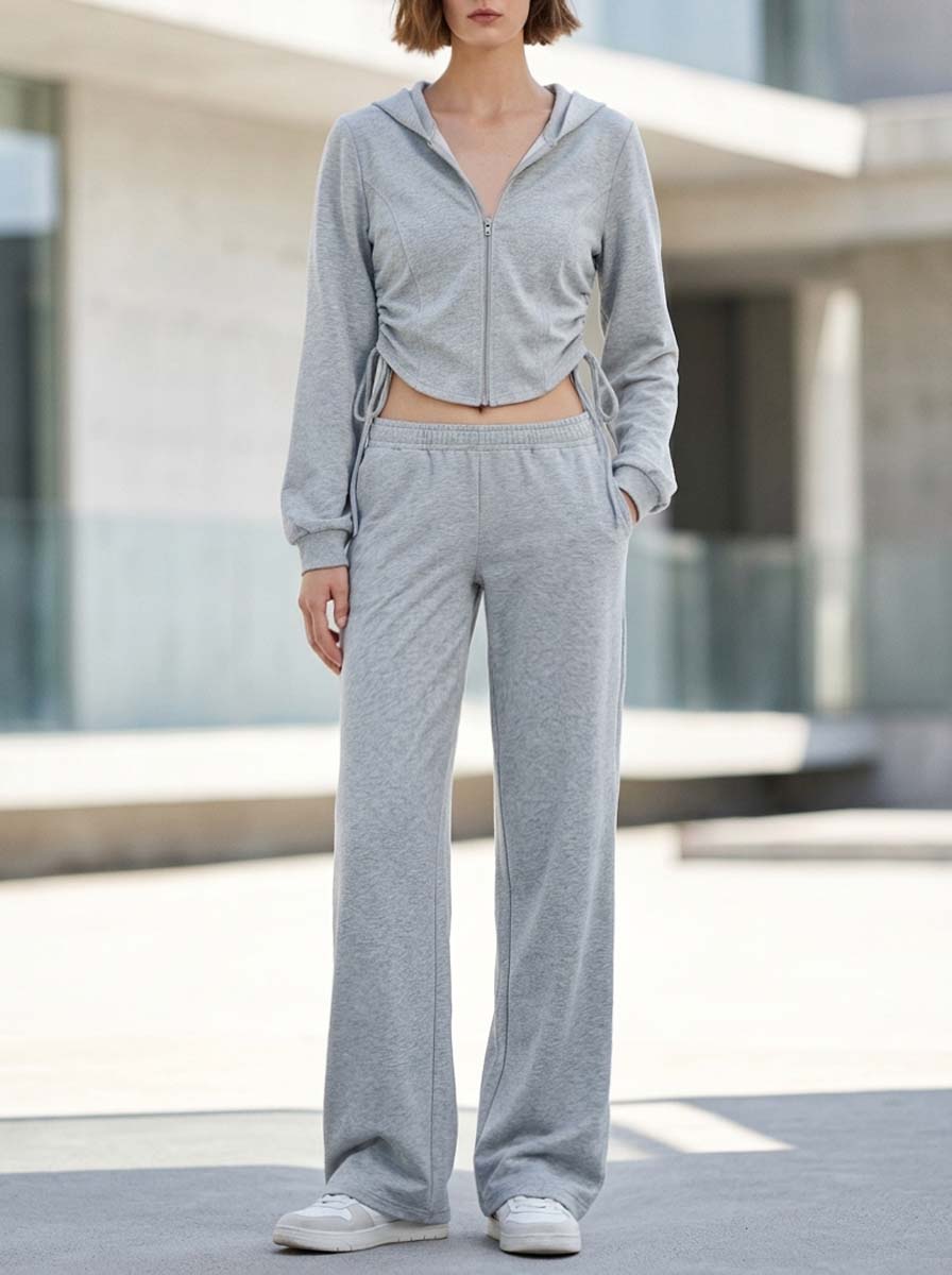 Stylish And Casual Grey Drawstring Hoodie And Pants Set