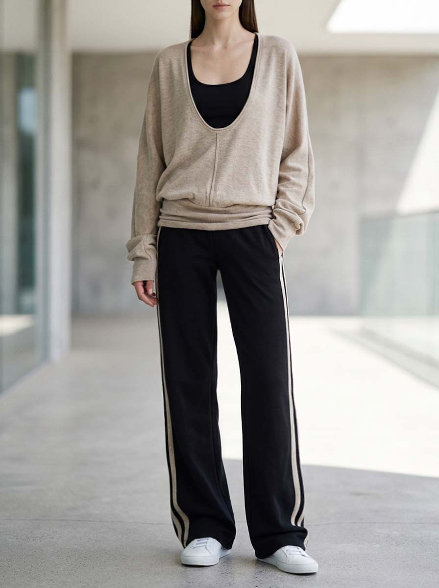 Oatmeal-colored U-neck Long-sleeve Top And Black Trousers Set—casual Loungewear Style