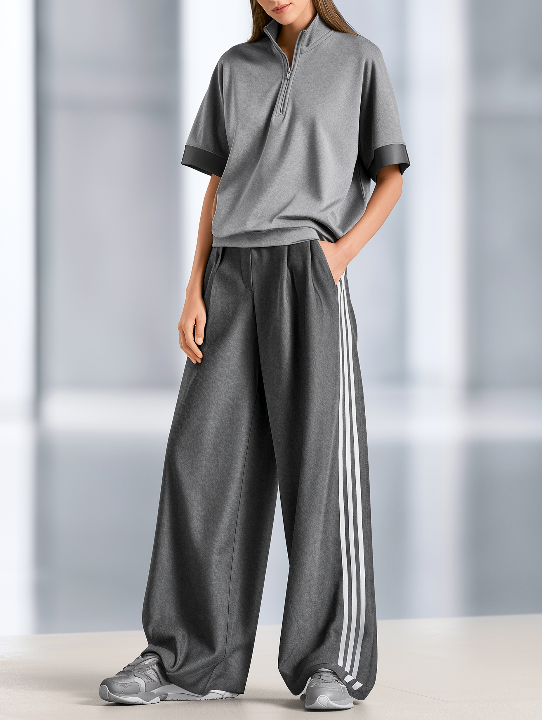 Sophisticated Grey Loose Short-Sleeve Top And Wide-Leg Pants Set