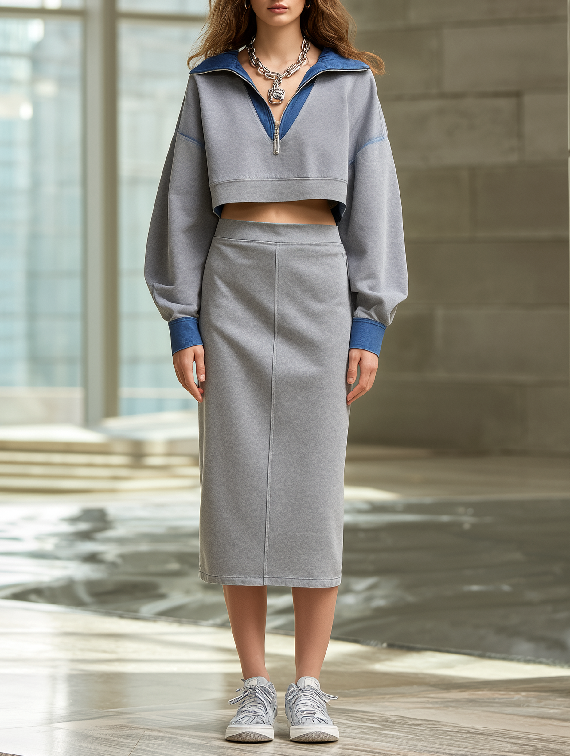Grey And Denim-style Collared Sweatshirt And Skirt Set