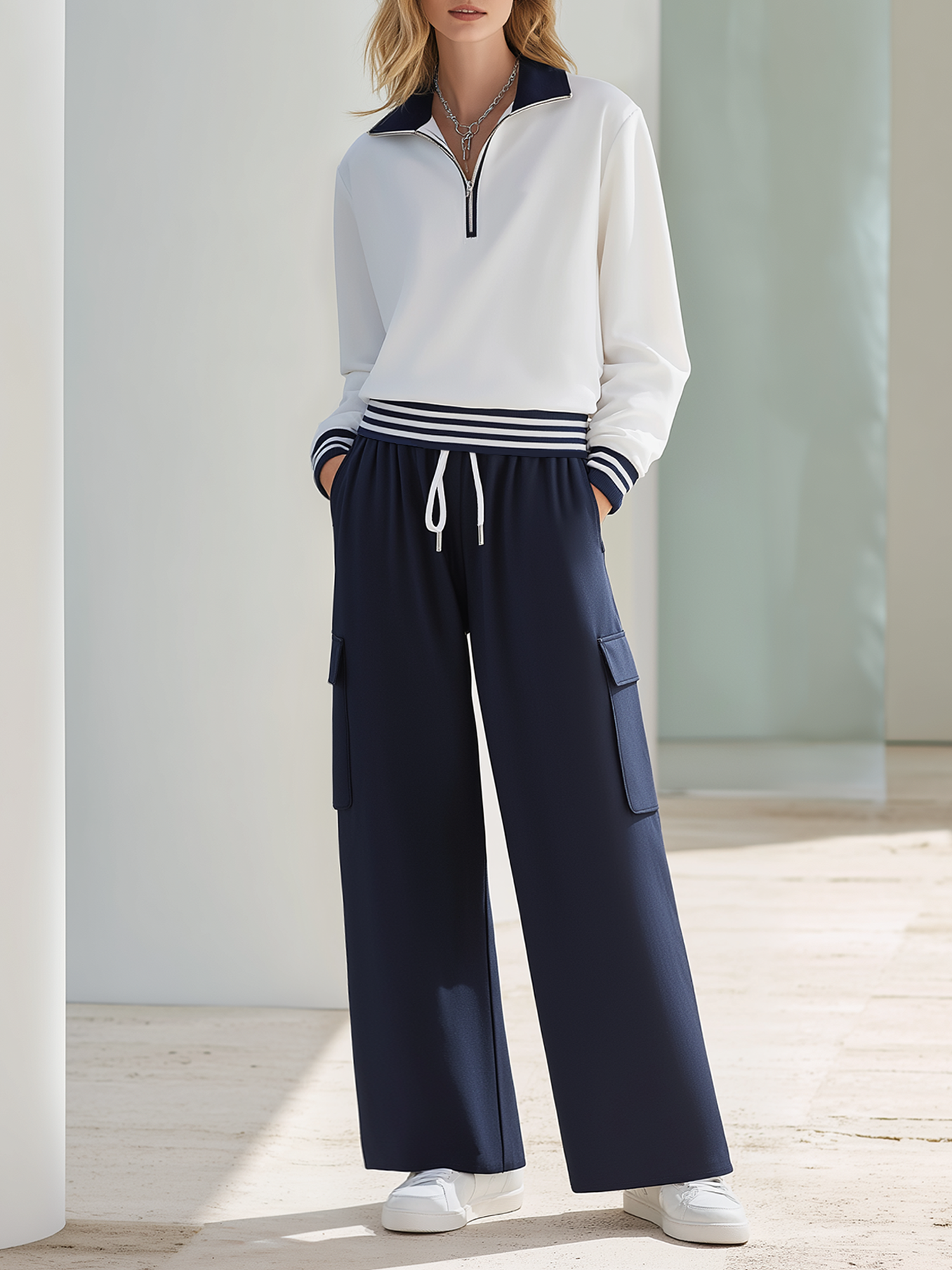 Navy Blue Color-block Half-zip Sweatshirt And Wide-leg Cargo Pants Set