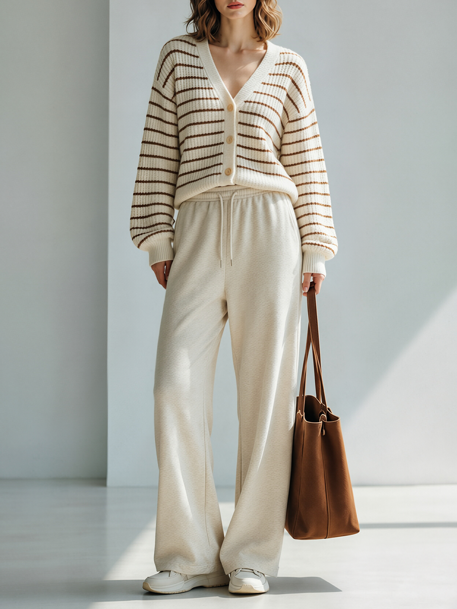 Off-white V-neck Knit Cardigan And Wide-leg Trousers Set With Contrasting Stripes