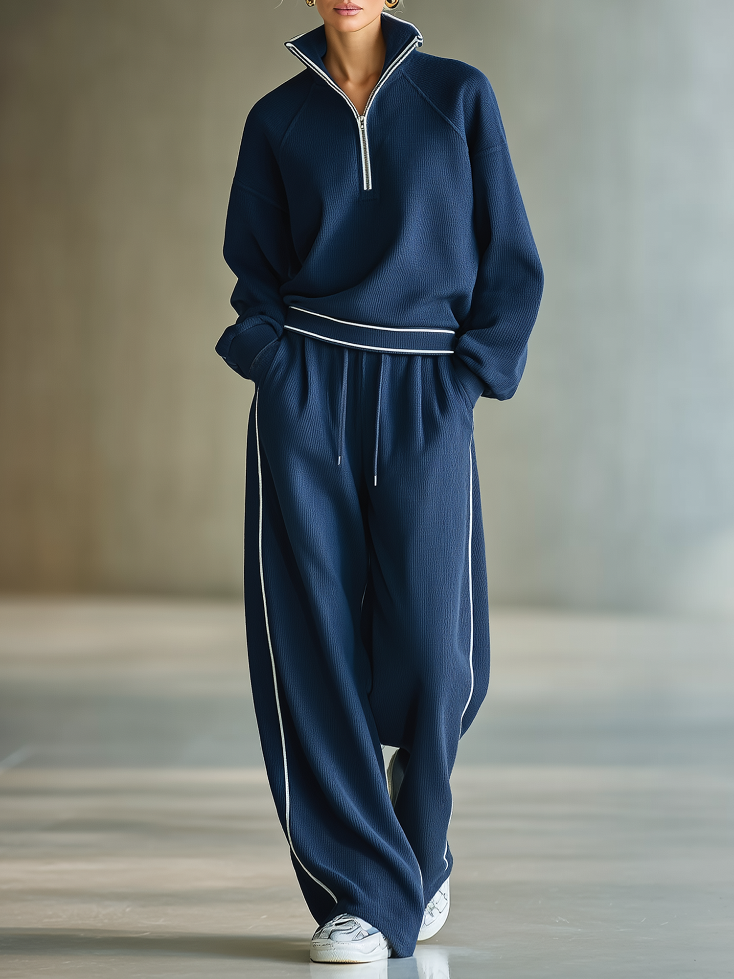 Navy Blue And White Pinstriped Half-zip Top And Wide-leg Trousers Set
