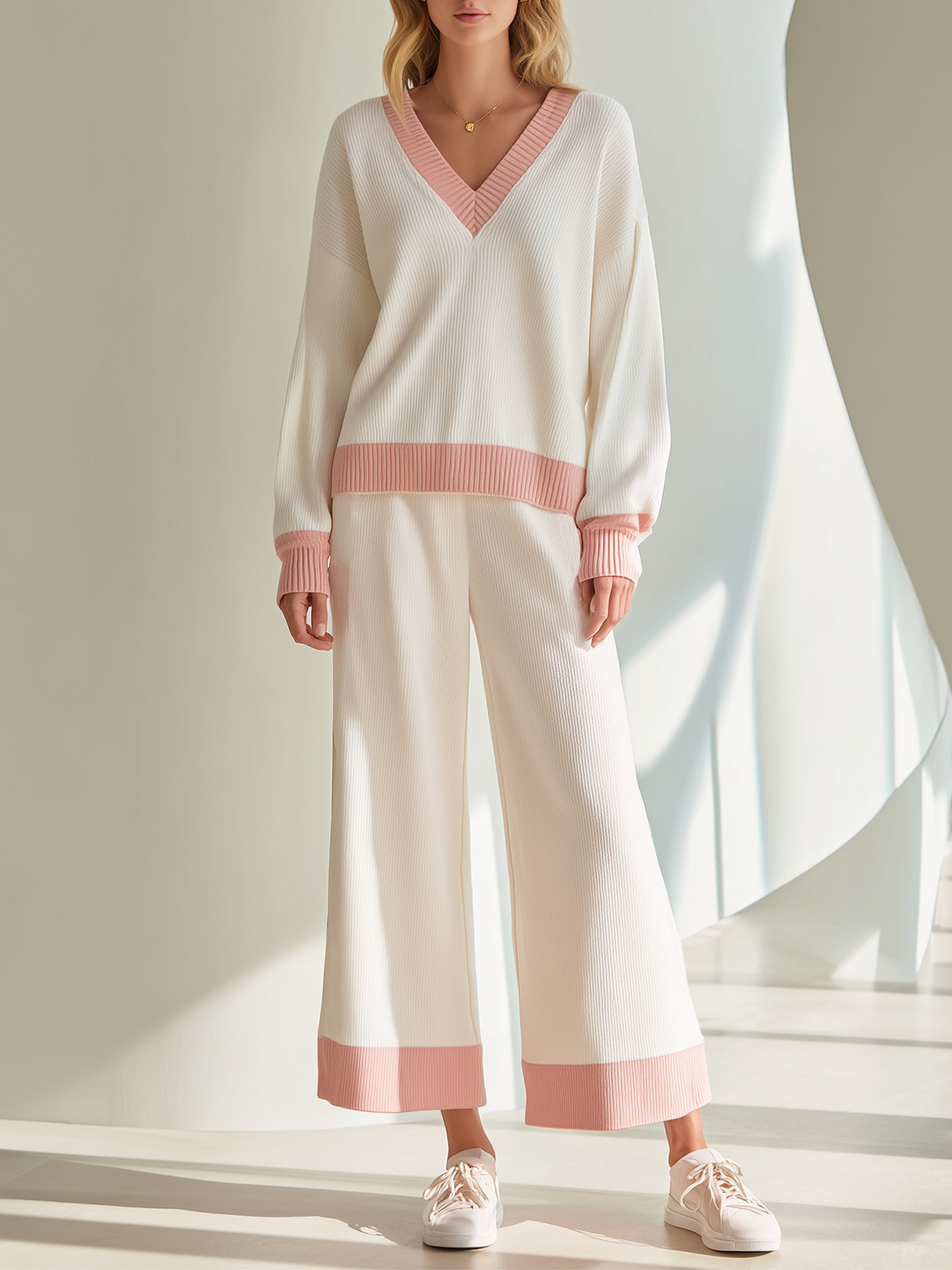 Pink Color-block V-neck Knit Top And Cropped Wide-leg Trousers Set
