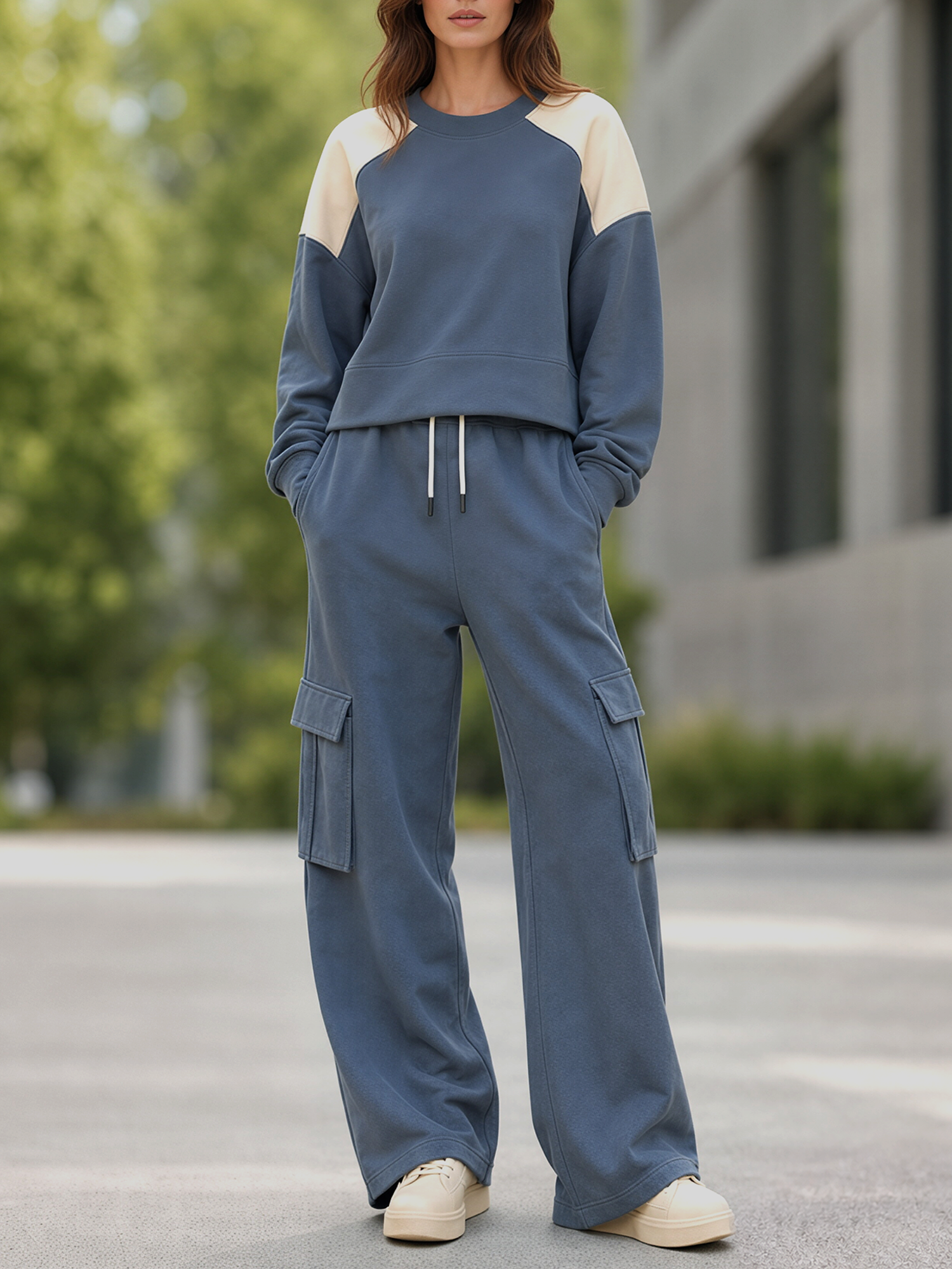 Hazy Blue Color-block Sweatshirt And Wide-leg Cargo Pants Set