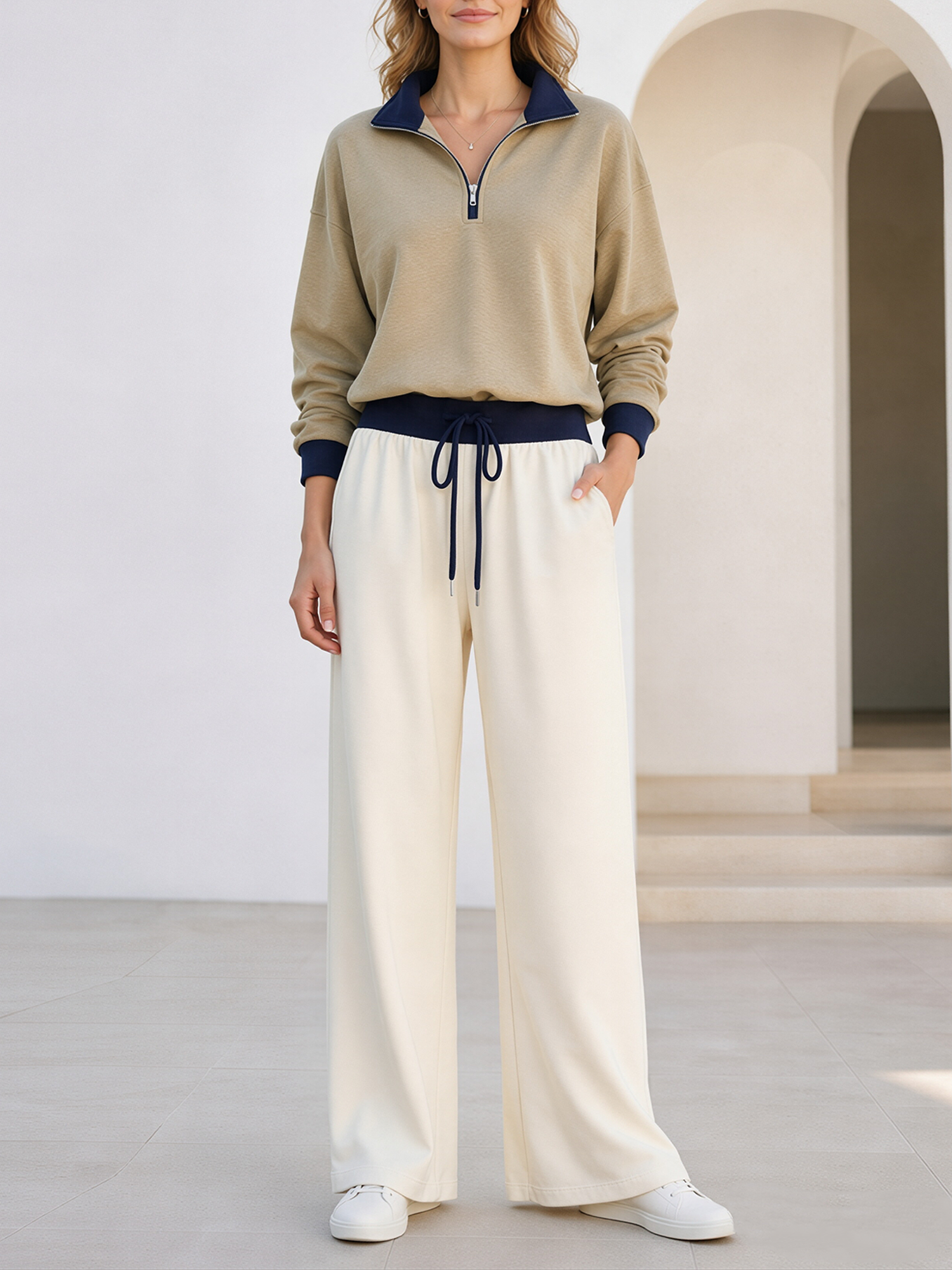 Pea-green And Navy Color-block Half-zip Top And Wide-leg Trousers Set