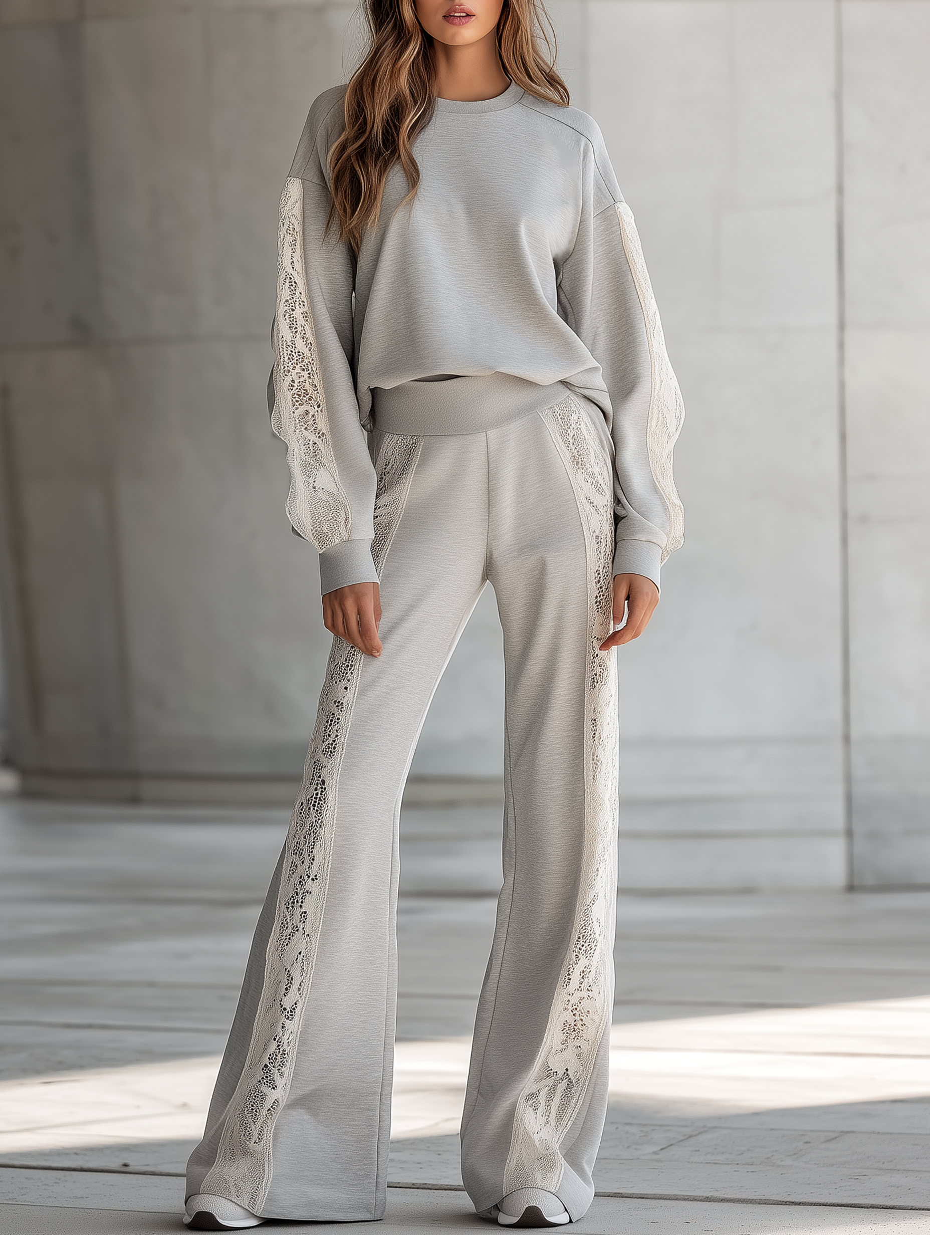 Light Gray Sweatshirt With Lace Detailing And Wide-leg Pants Set
