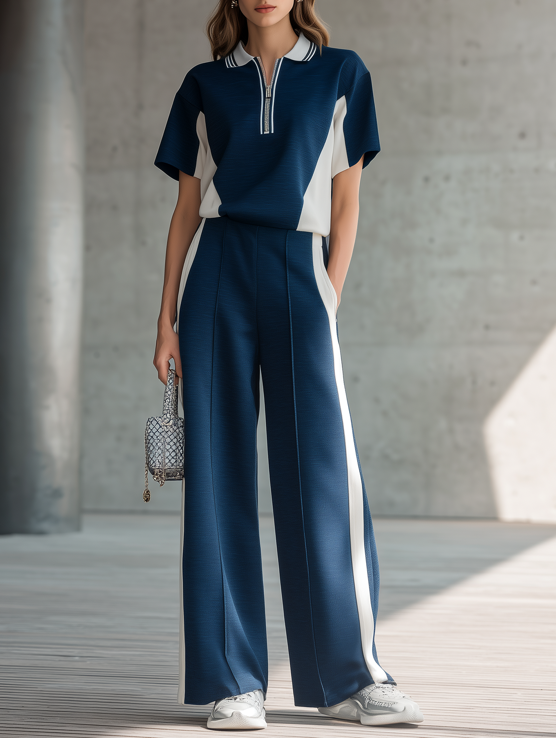Navy Blue Color-Block Short-Sleeve Polo And Wide-Leg Pants Set