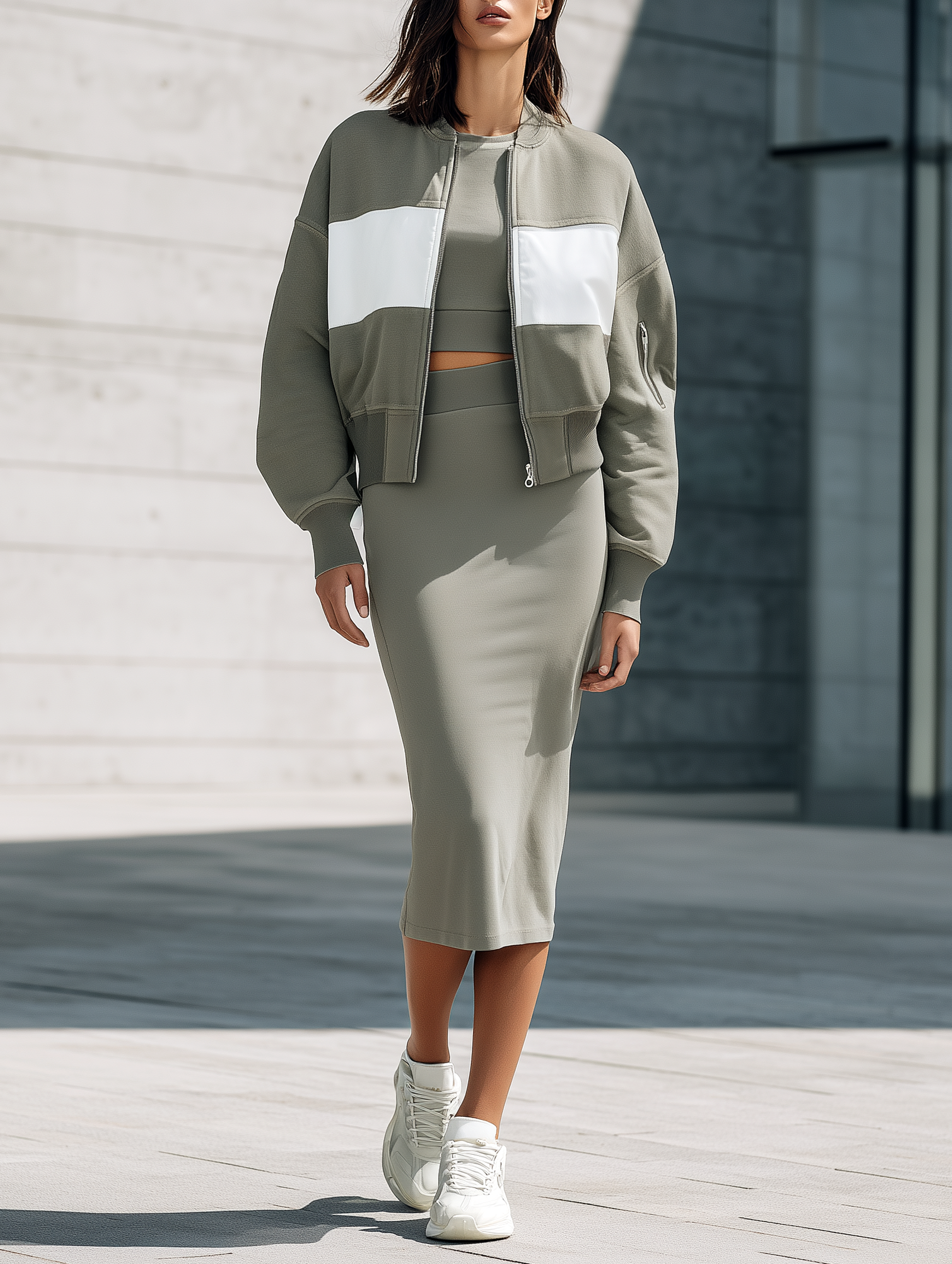 Casual Grey-green Baseball-style Three-piece Set