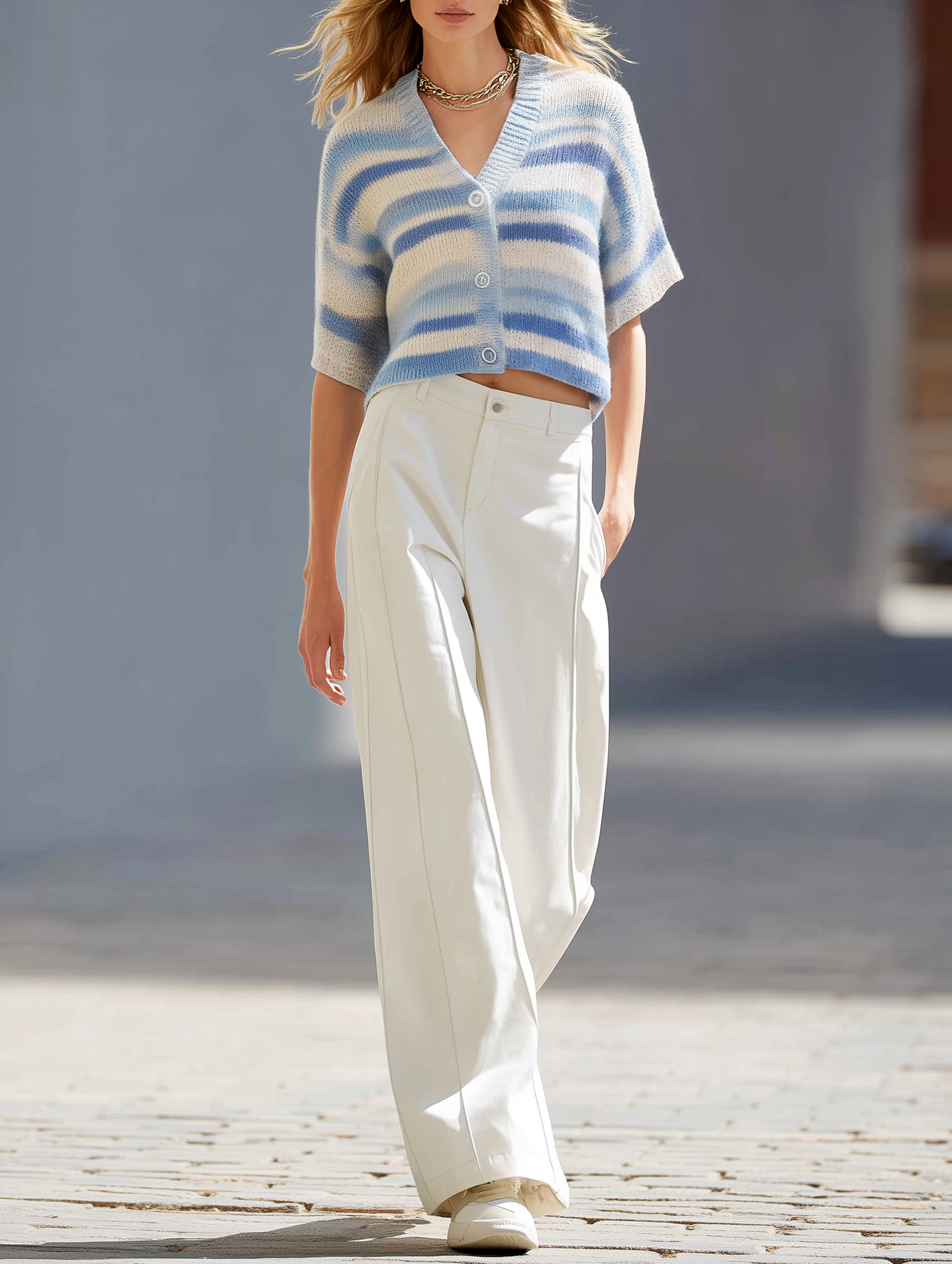 Sea-salt Blue Striped Short-sleeve Cardigan And White Trousers Set