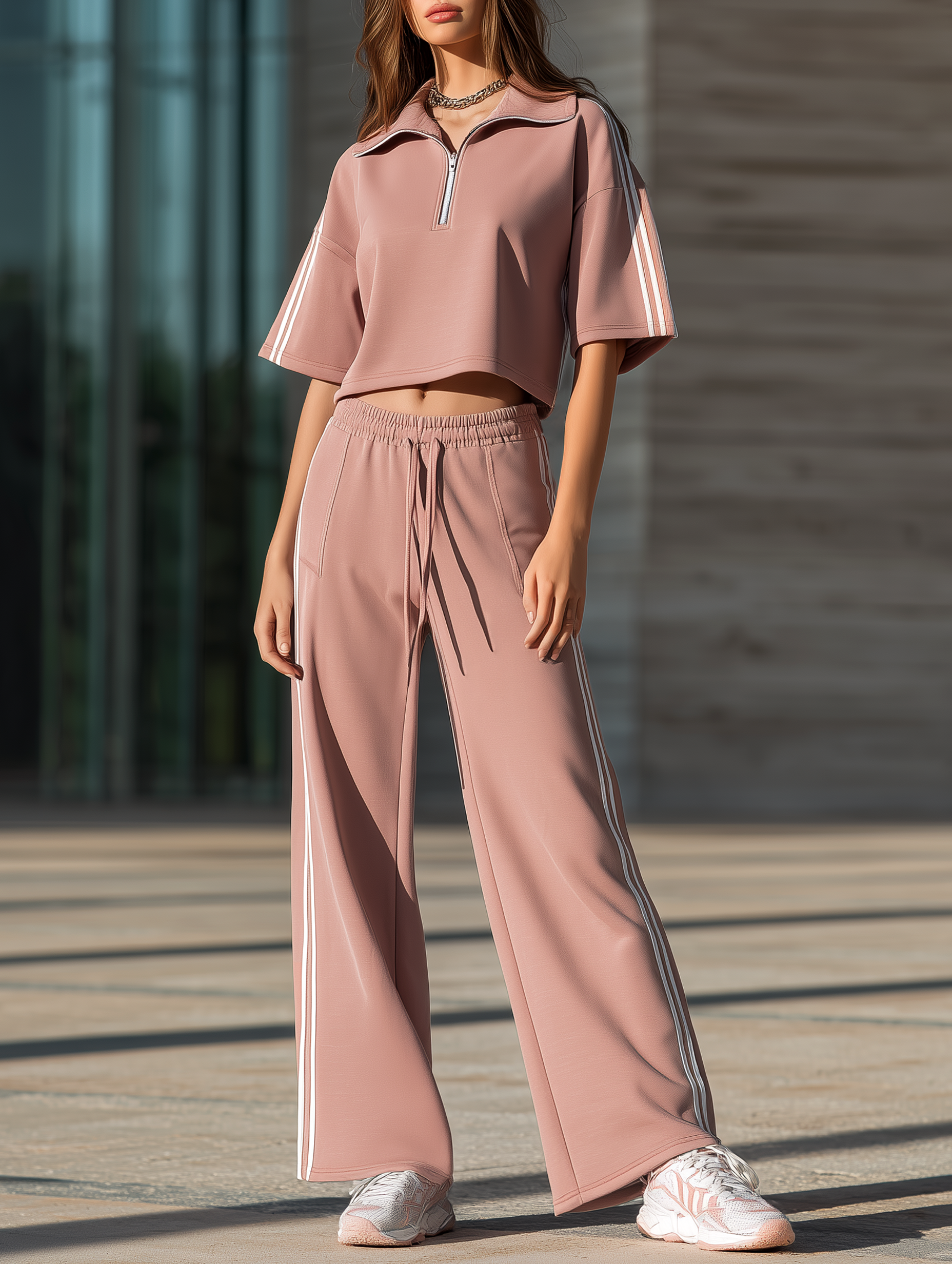 Dusty Rose Half-Zip Polo And Wide-Leg Pants Set