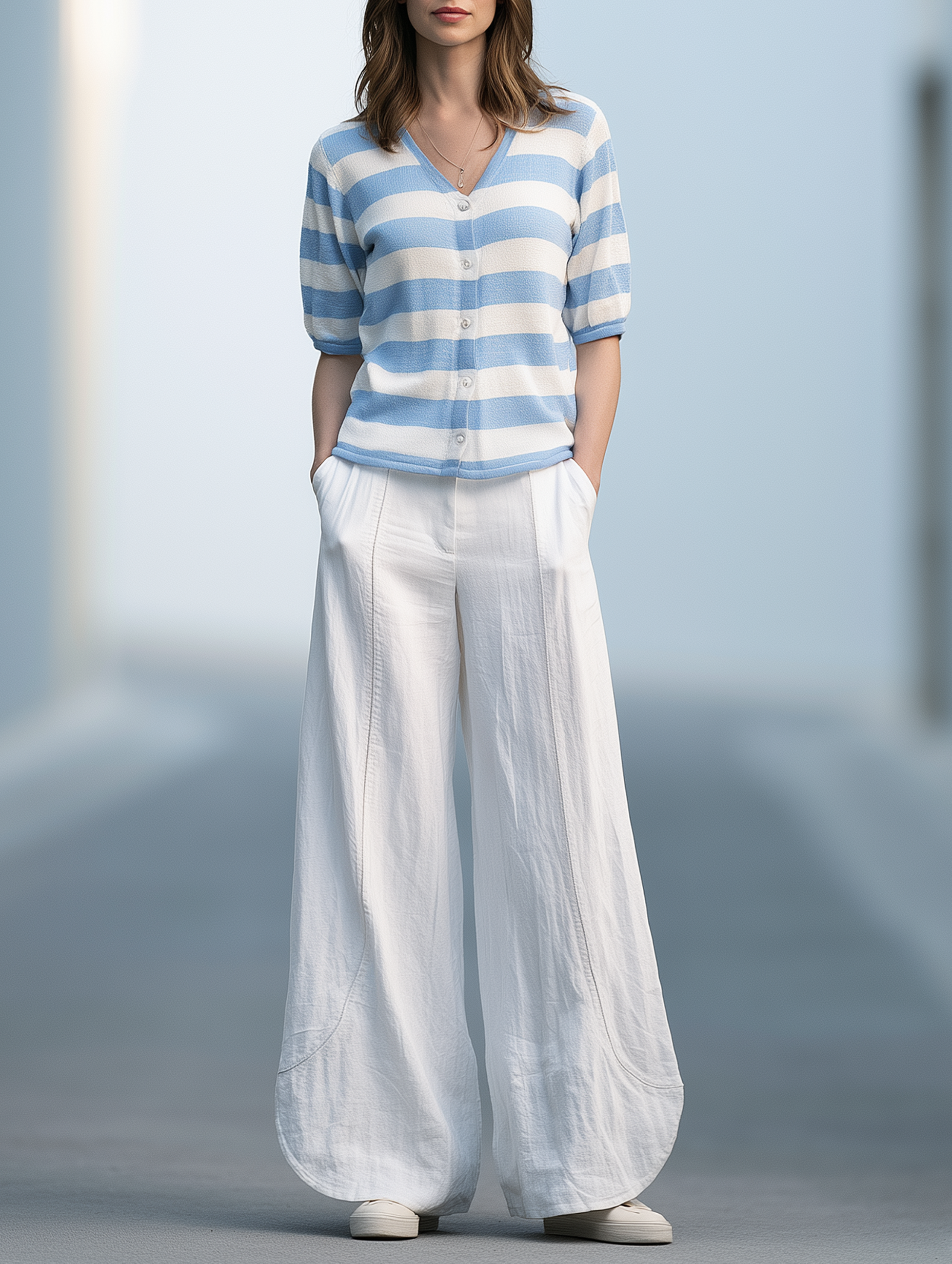 Blue And White Striped Knit Cardigan And Wide-leg Trousers Set