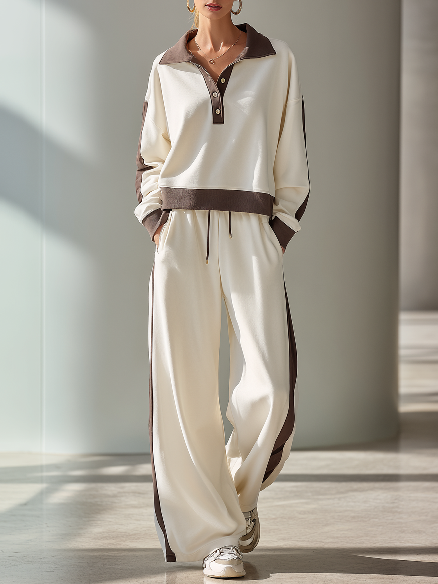 Off-white And Brown Collared Polo Top And Wide-leg Trousers Set