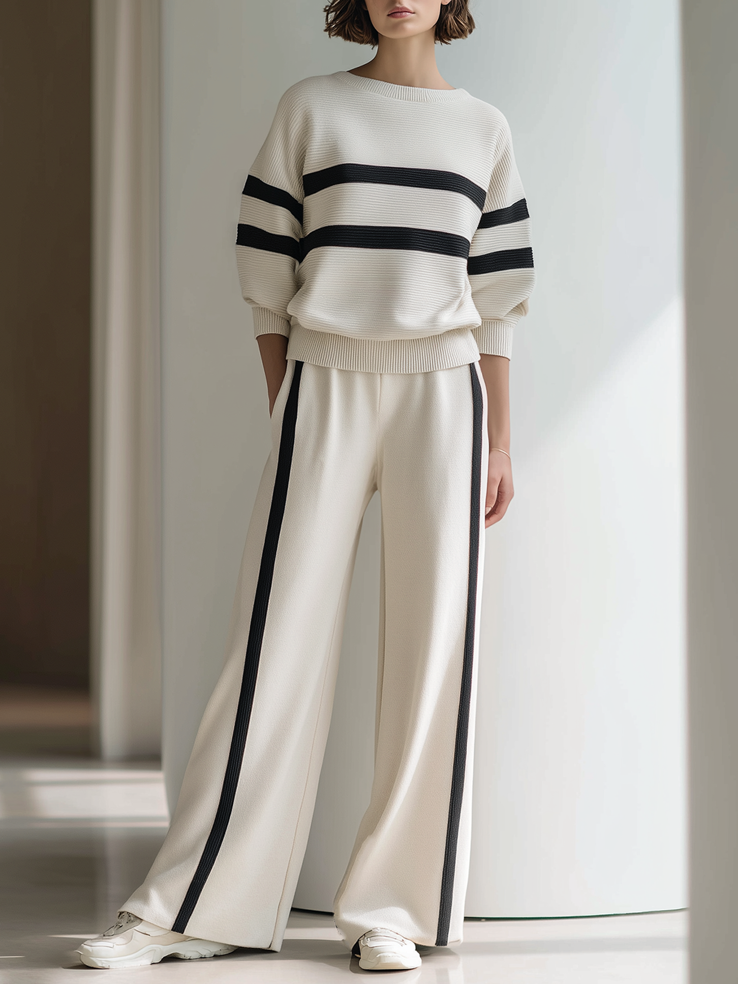 Beige Color-block Mid-length Dress With Short Sleeves And A Half-zip.