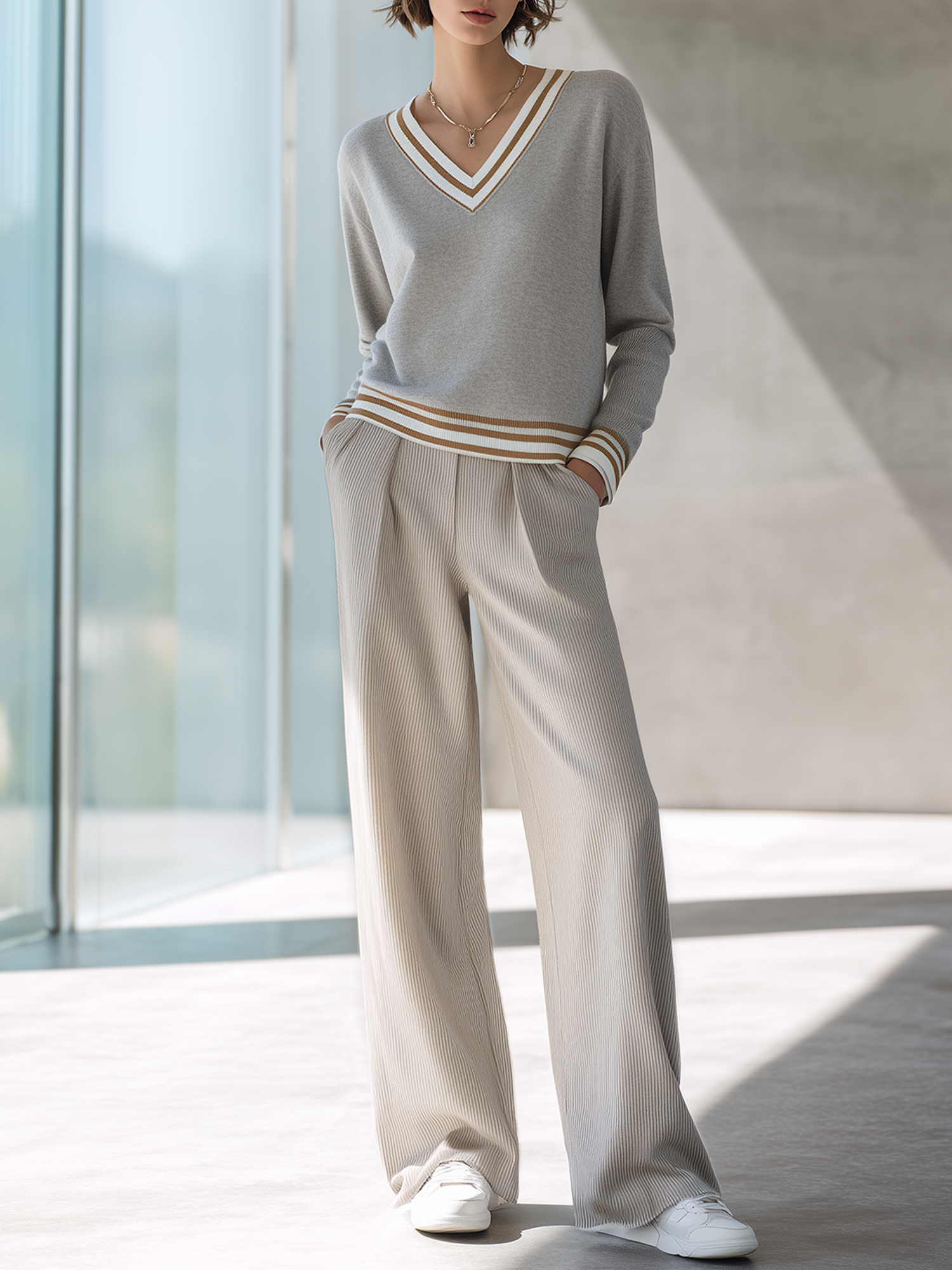 Light Grey Color-block V-neck Top And Ribbed Wide-leg Pants Set