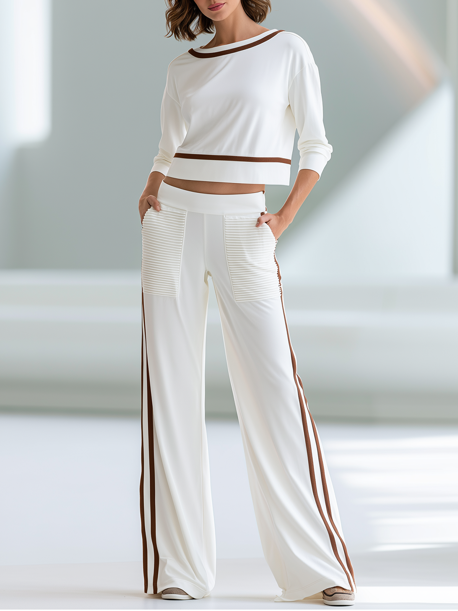Color-block Wide-collar Crop Top And Pleated-pocket Wide-leg Pants Set