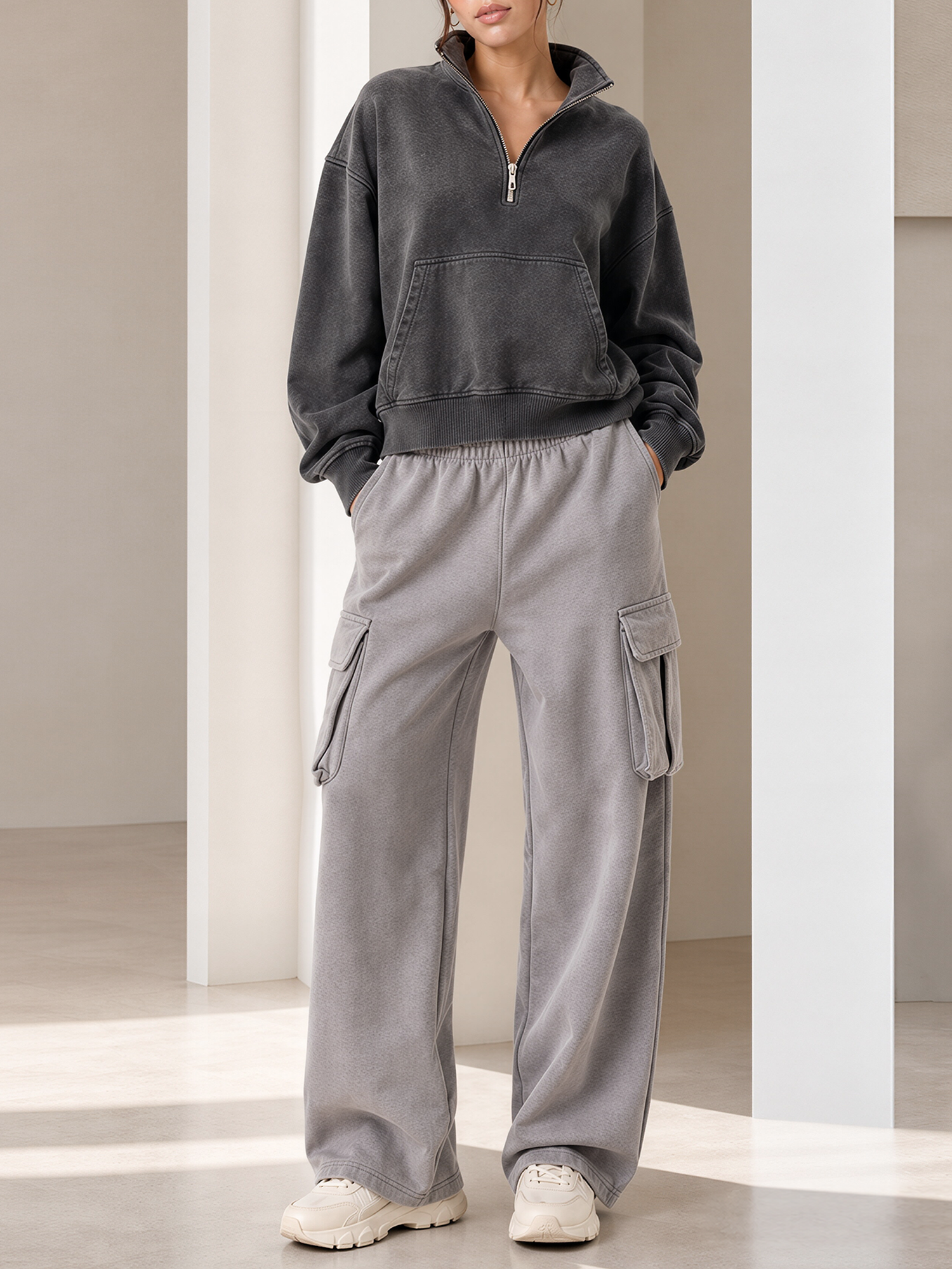Washed Charcoal Grey Half-zip Cropped Sweatshirt And Wide-leg Cargo Pants Set