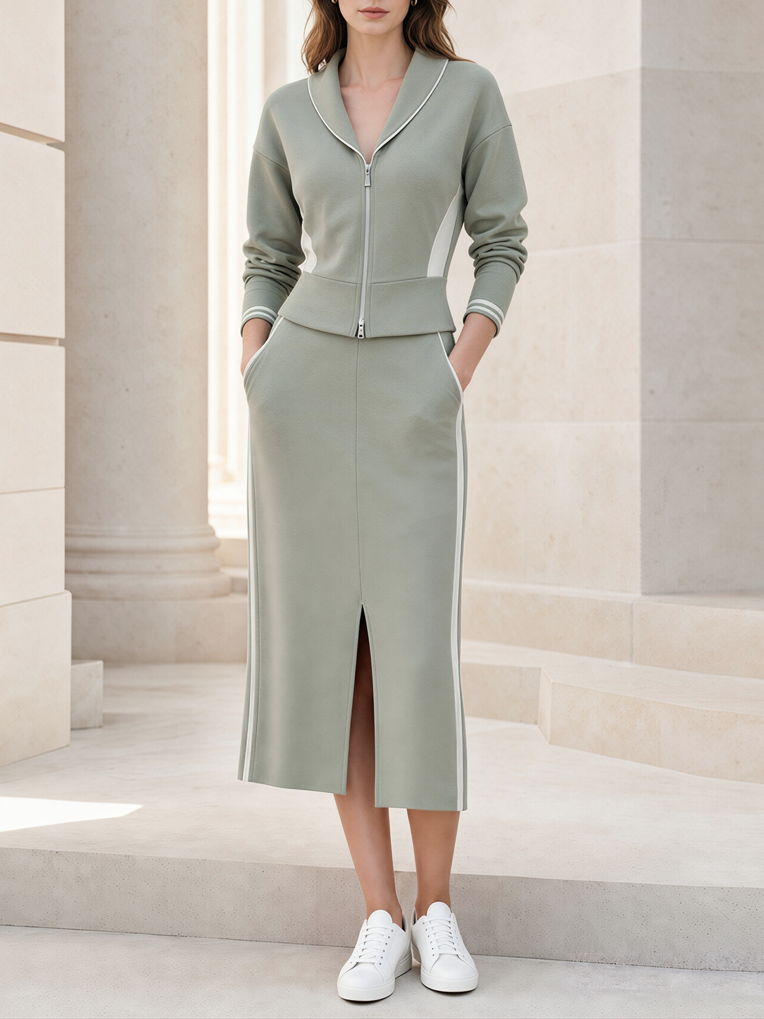 Pea-green Color-block Zip-up Top And Midi Skirt Set