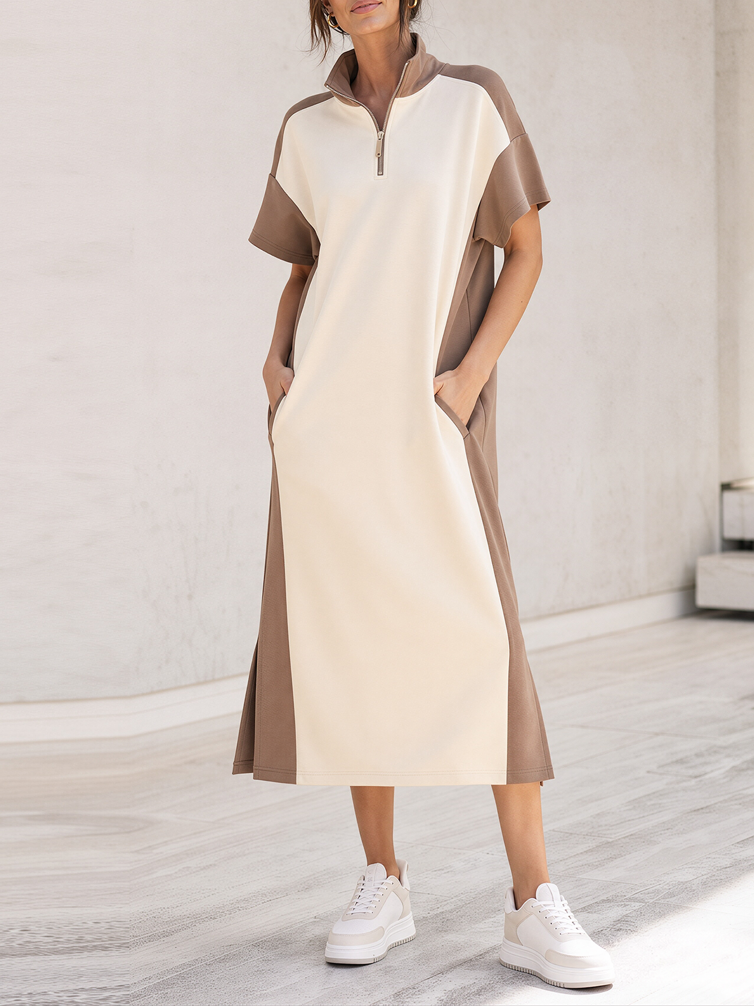Beige Color-block Mid-length Dress With Short Sleeves And A Half-zip