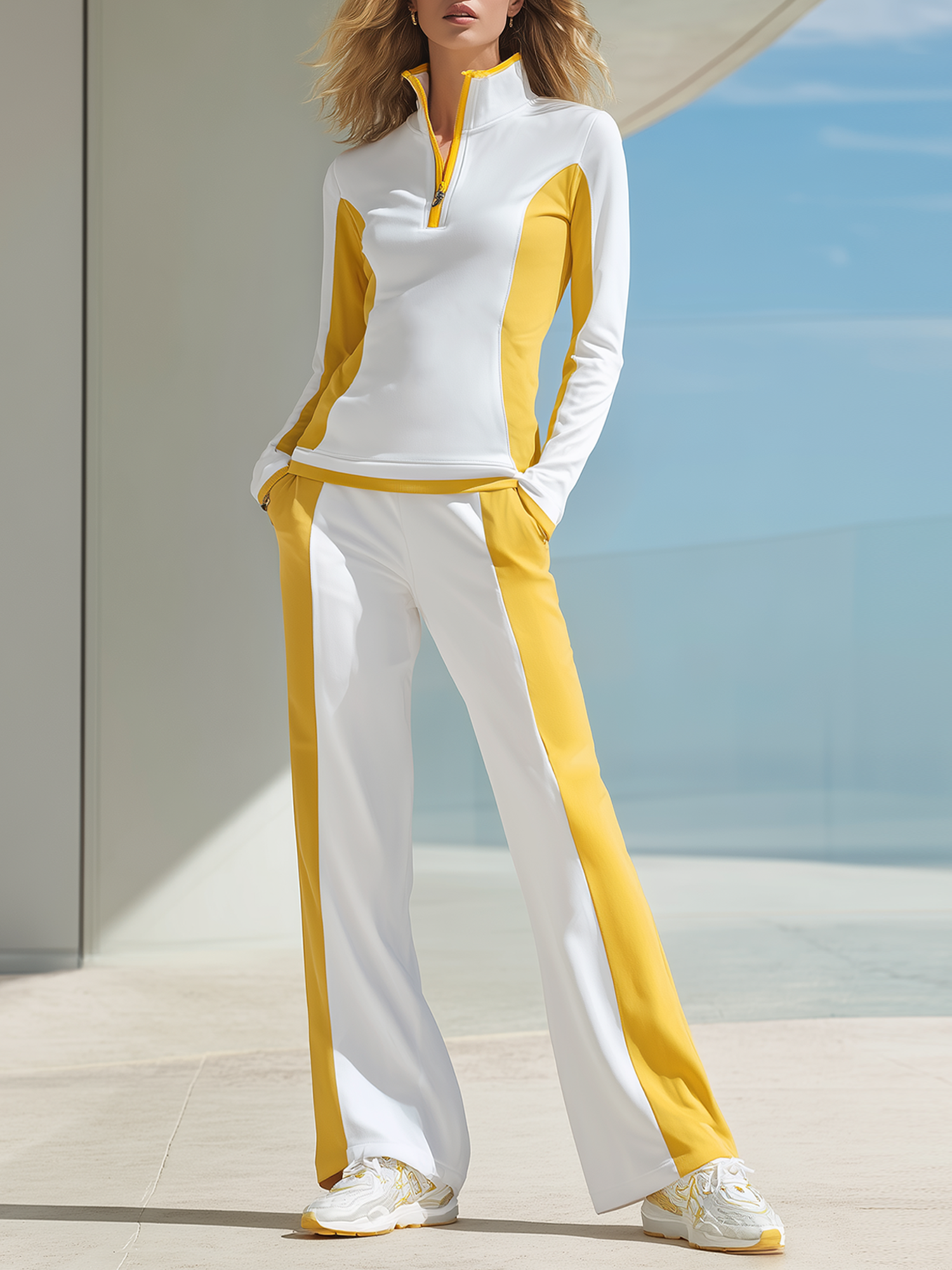 White And Yellow Color-block Half-zip Mock-neck Top And Slight-flare Pants Set