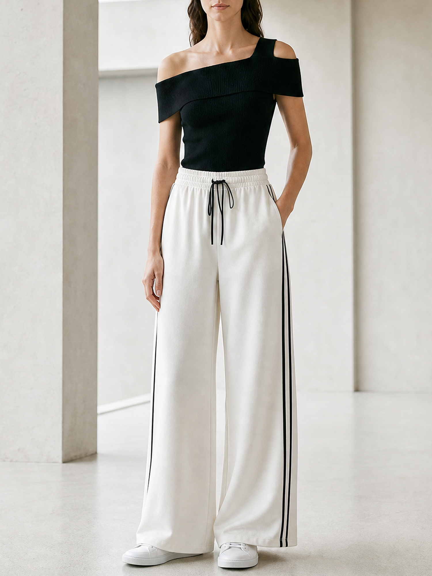 Black Asymmetric Off-Shoulder Knit Top And Side-Stripe Drawstring Wide-Leg Pants Set