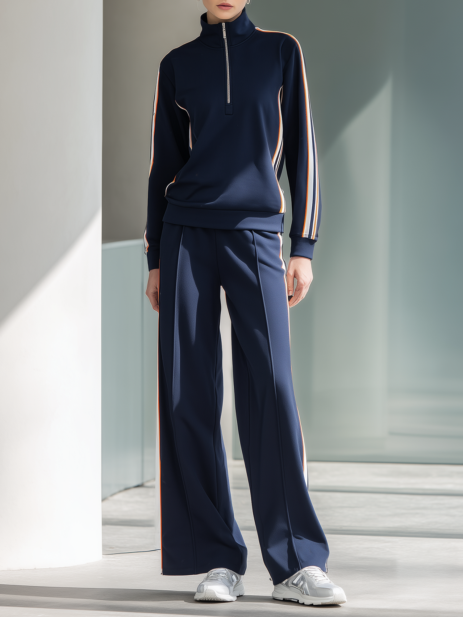 Navy And Contrasting-stripe Half-zip Mock-neck Top And Wide-leg Pants Set