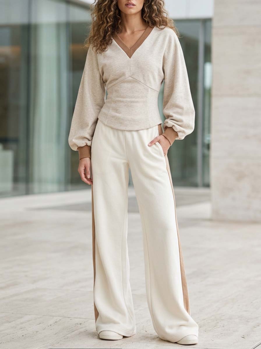 Stylish Casual Oatmeal V-Neck Long-Sleeve Top And Off-White Trouser Set