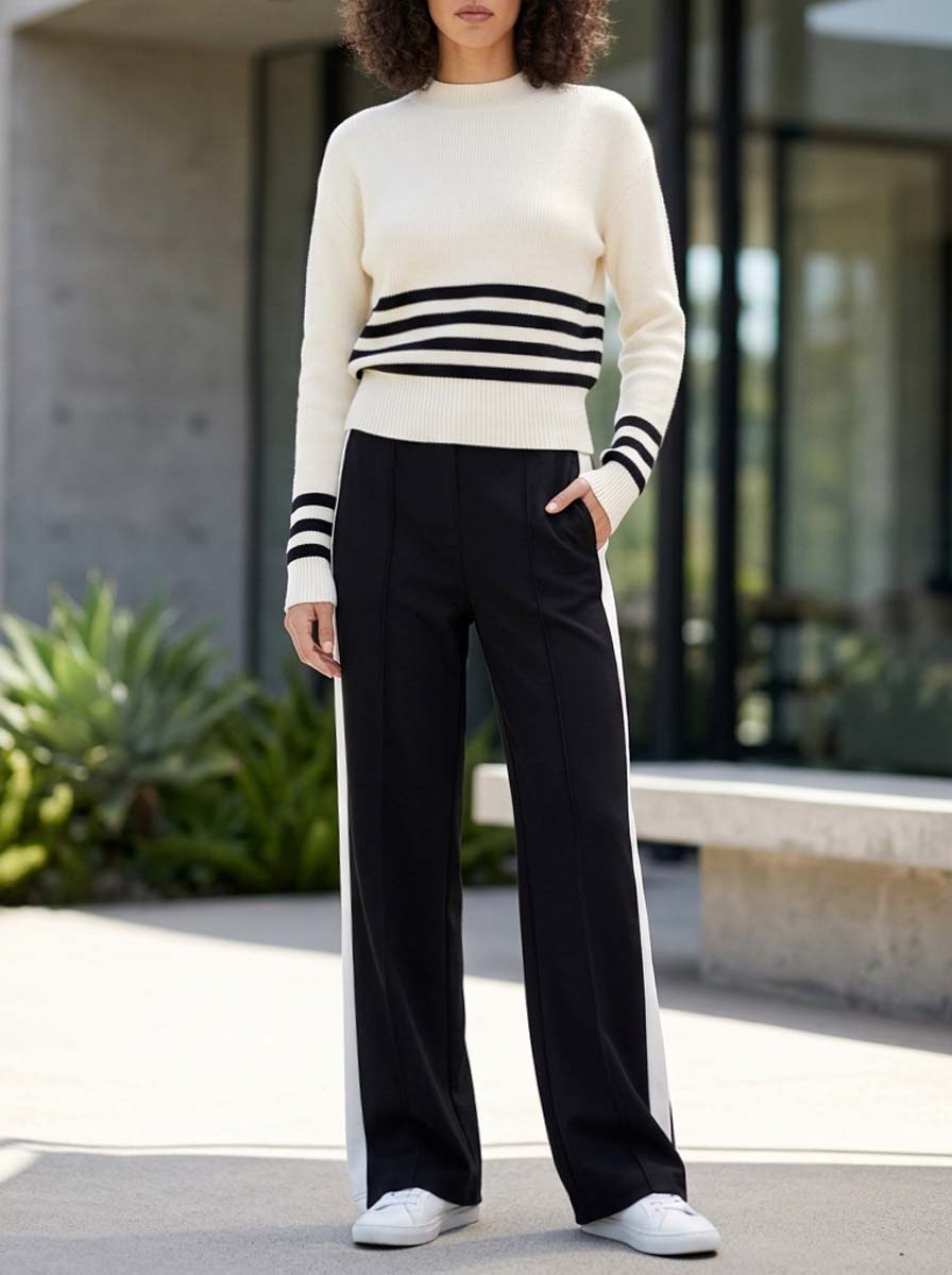 Casual Minimalist White Sweater And Black Contrast-color Trousers Set