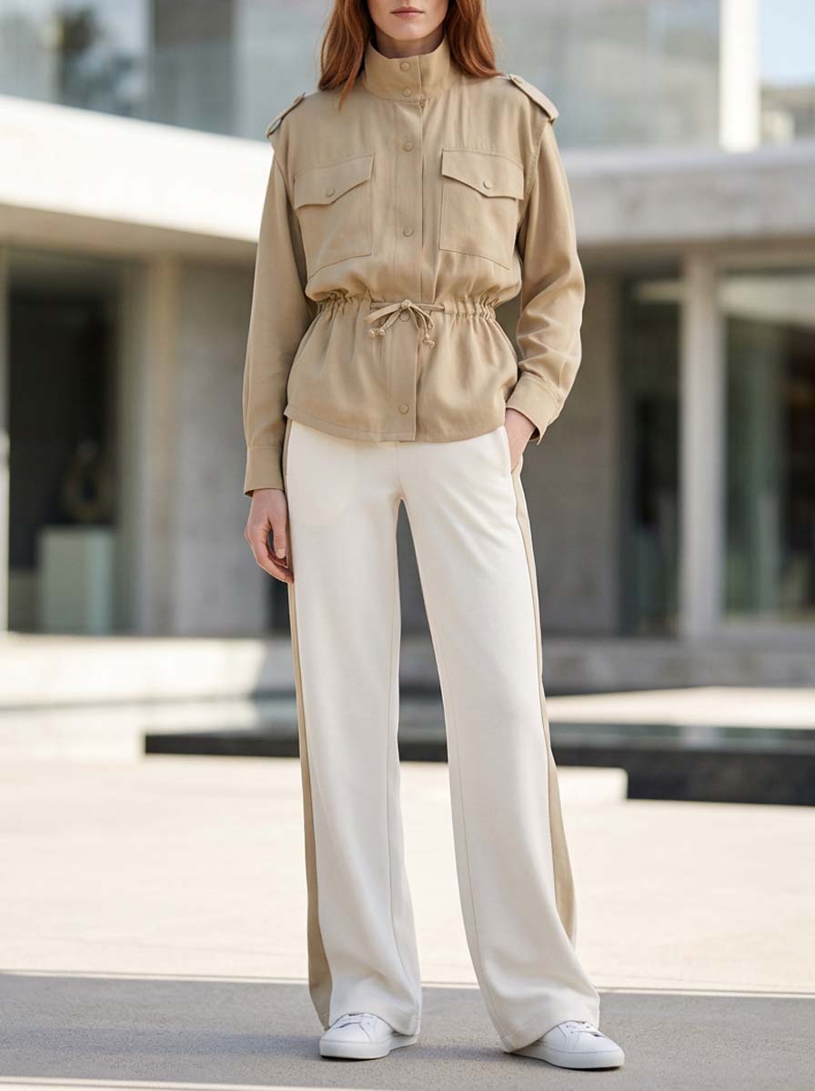 Stylish Casual Khaki Drawstring Long-Sleeve & Off-White Trouser Set