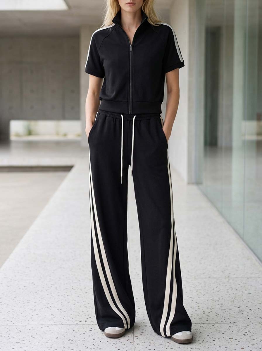 Minimalist Black Short-sleeved Jacket And Trousers Set For Workwear