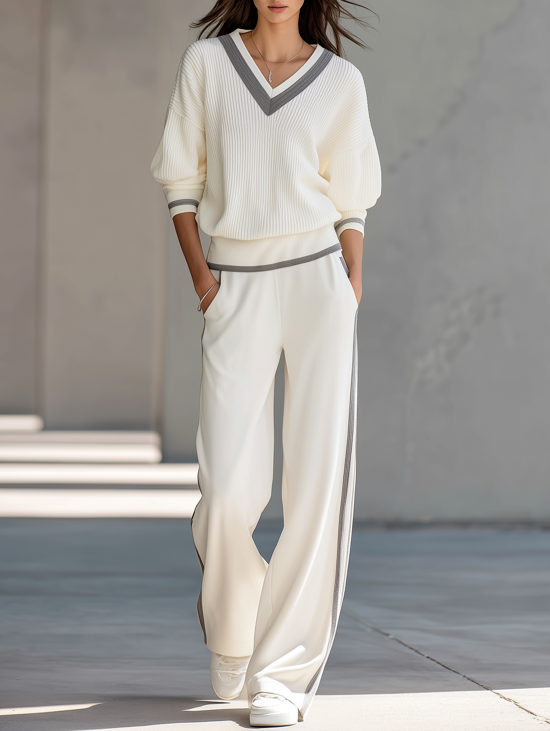 Off-white Ribbed Lantern-sleeve Knit Top And Wide-leg Pants Set
