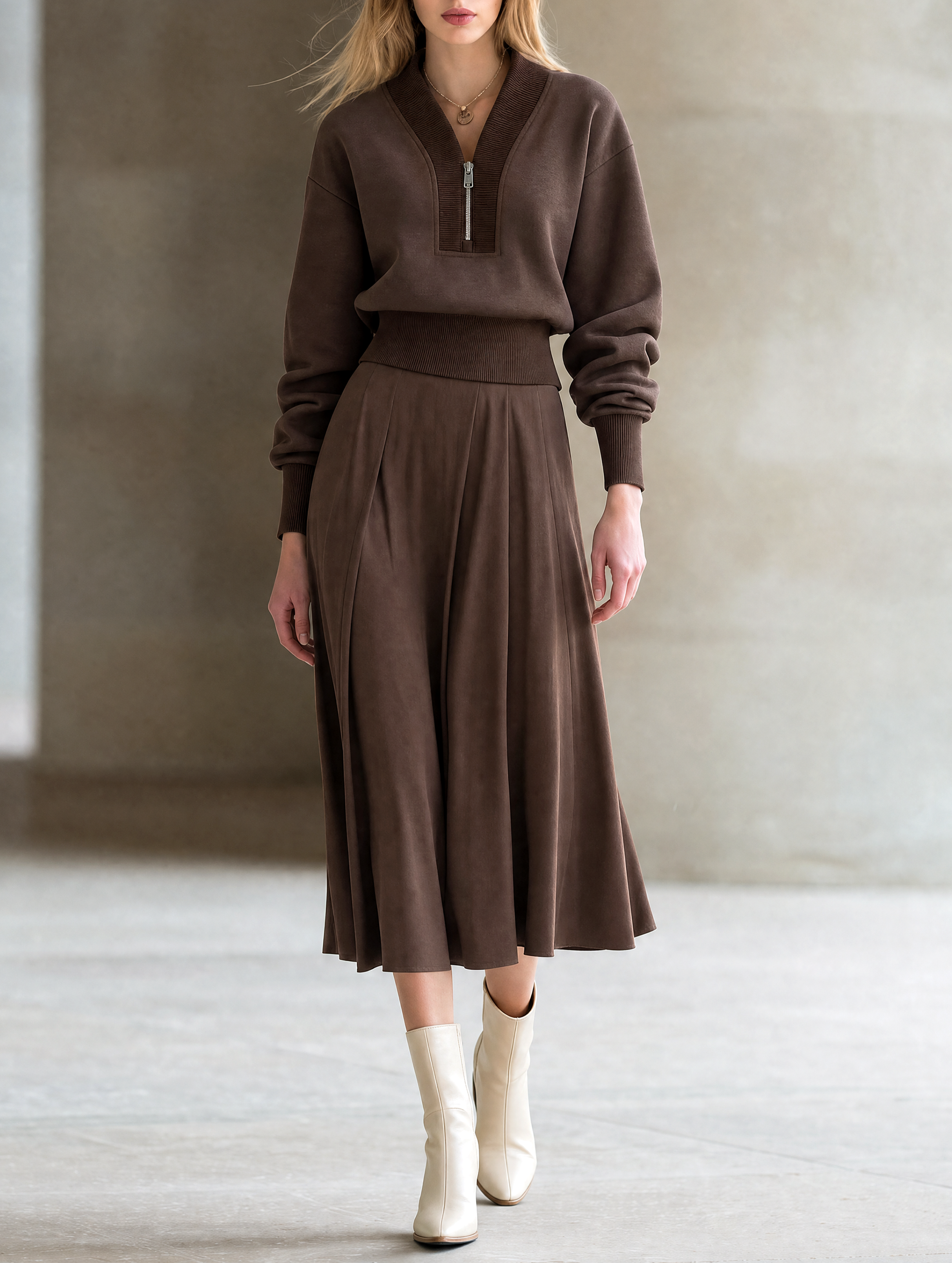 Coffee-colored Half-zip Sweatshirt And Draped Suede Midi Skirt Set