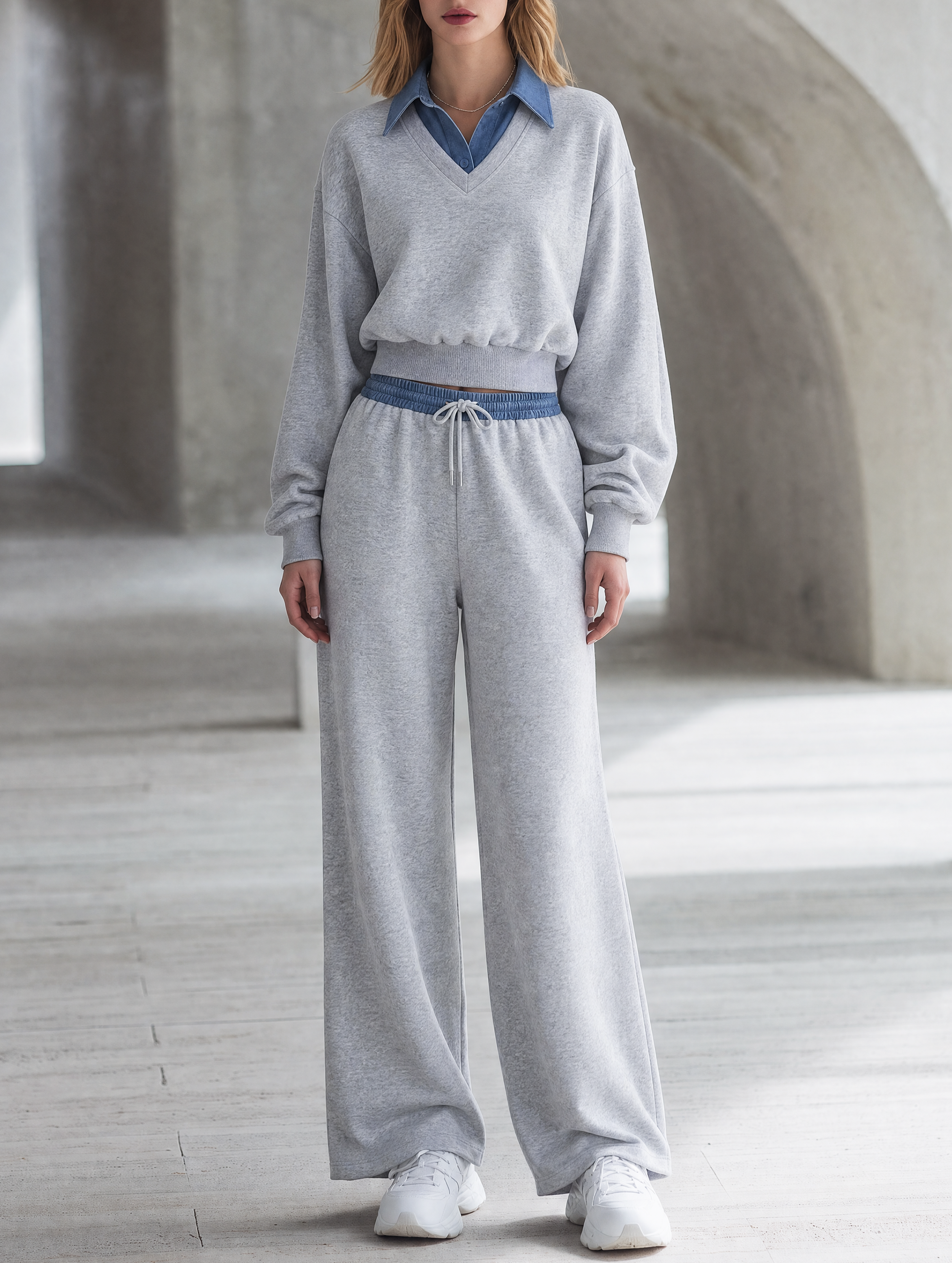 Light Grey Tracksuit With Denim Paneling