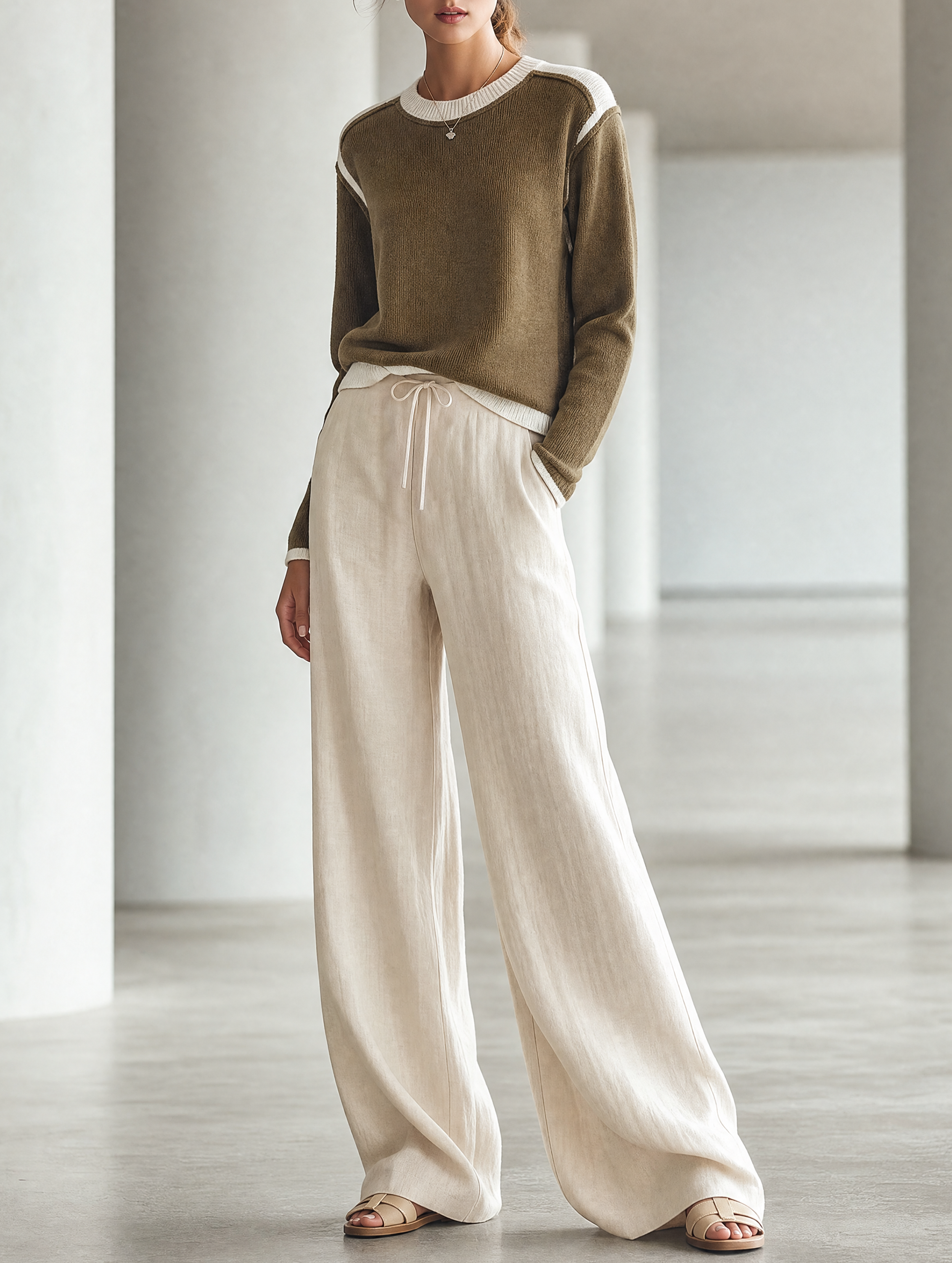 Olive Green Knit Top And Off-white Linen Trousers Set