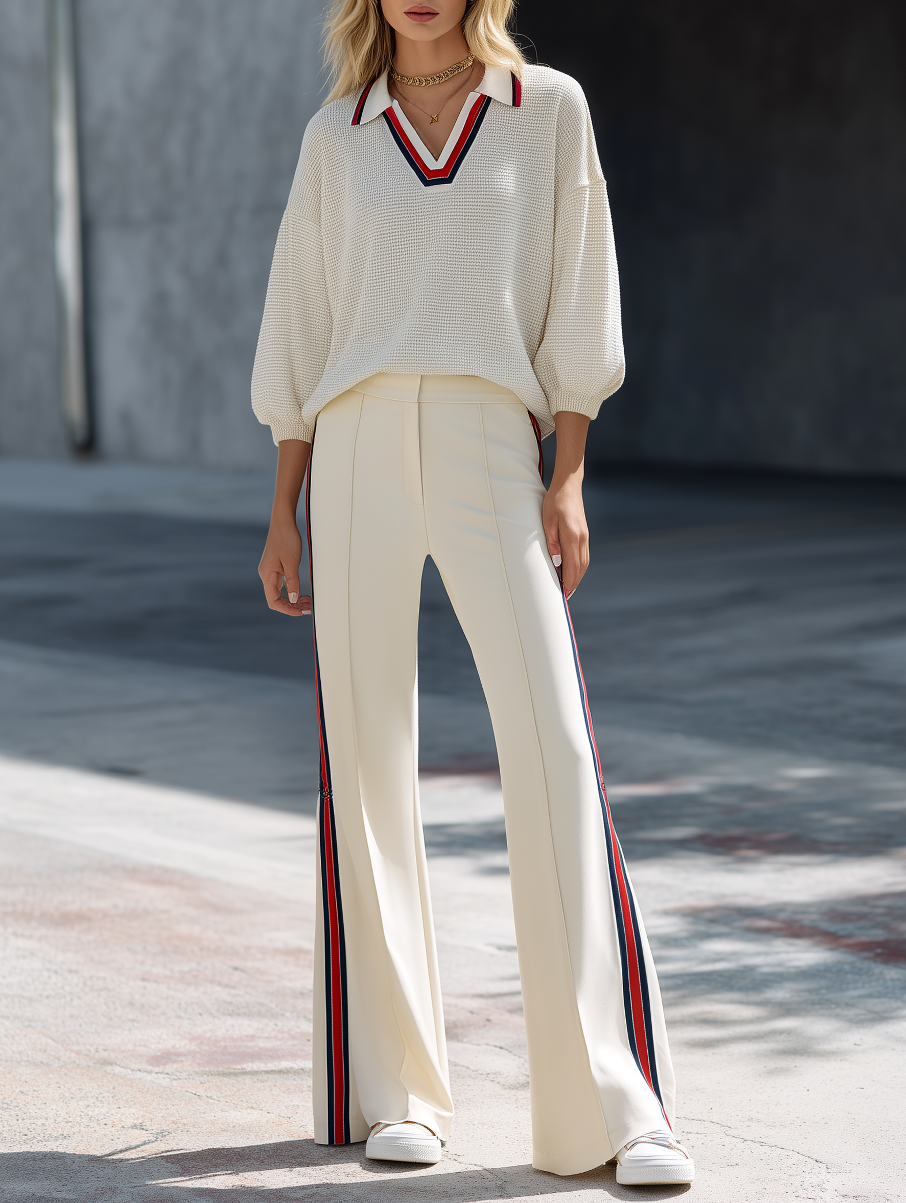 Textured Open-knit Top And Color-block Wide-leg Trousers Set