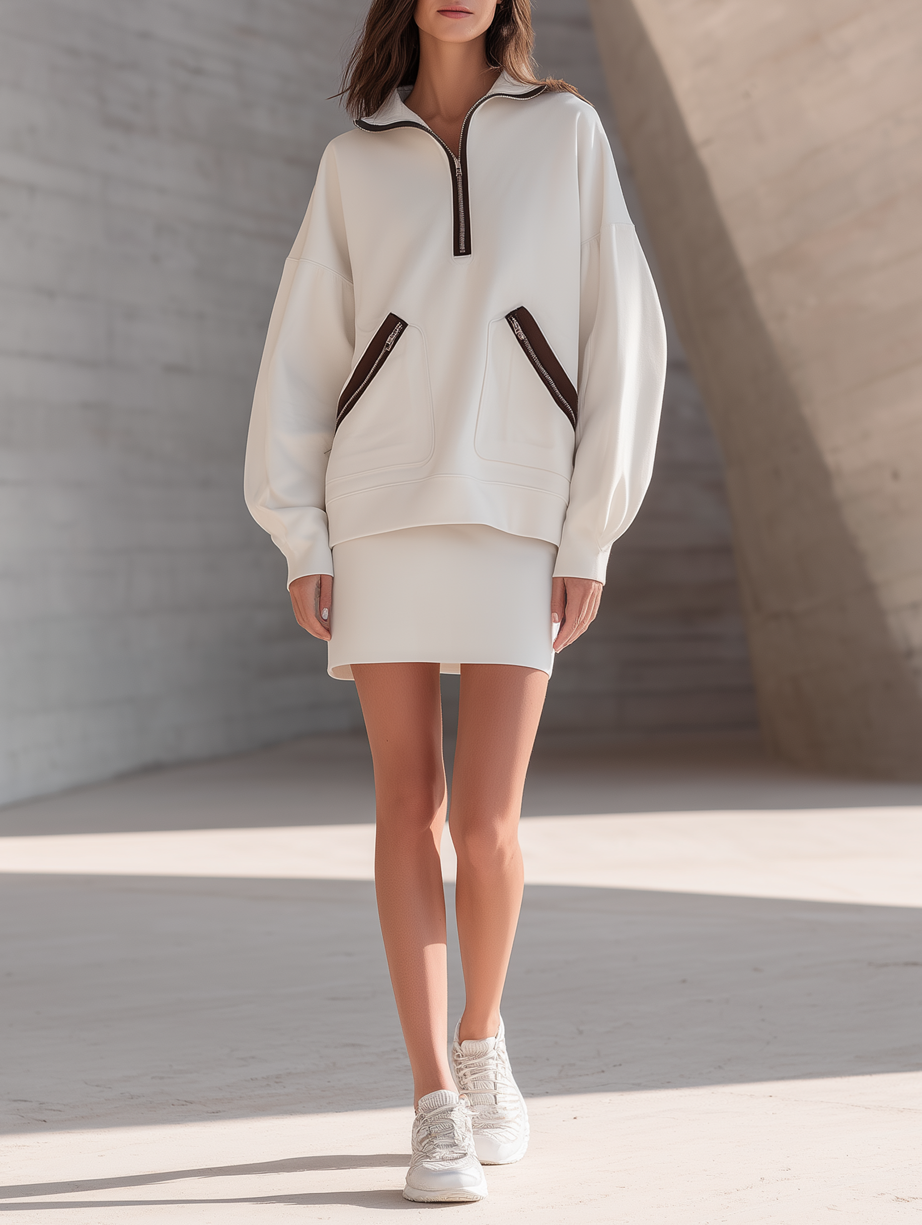 Off-white Loose-fit Sweatshirt With Dual Pockets And Skirt Set