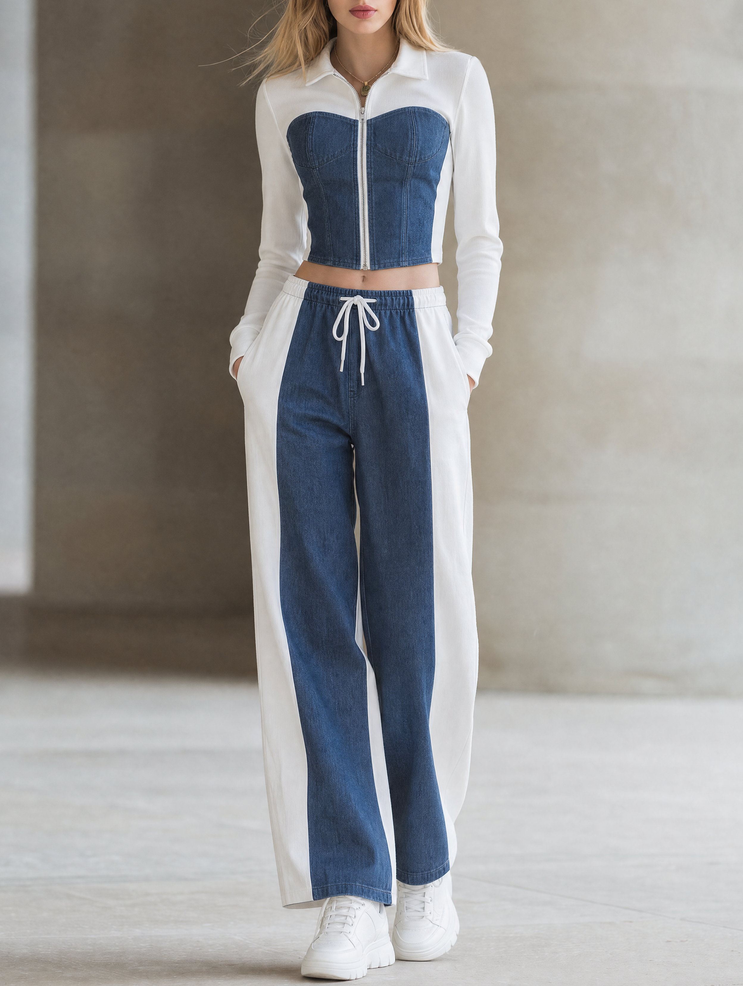 Long-sleeve Denim-panel Cardigan And Wide-leg Pants Set
