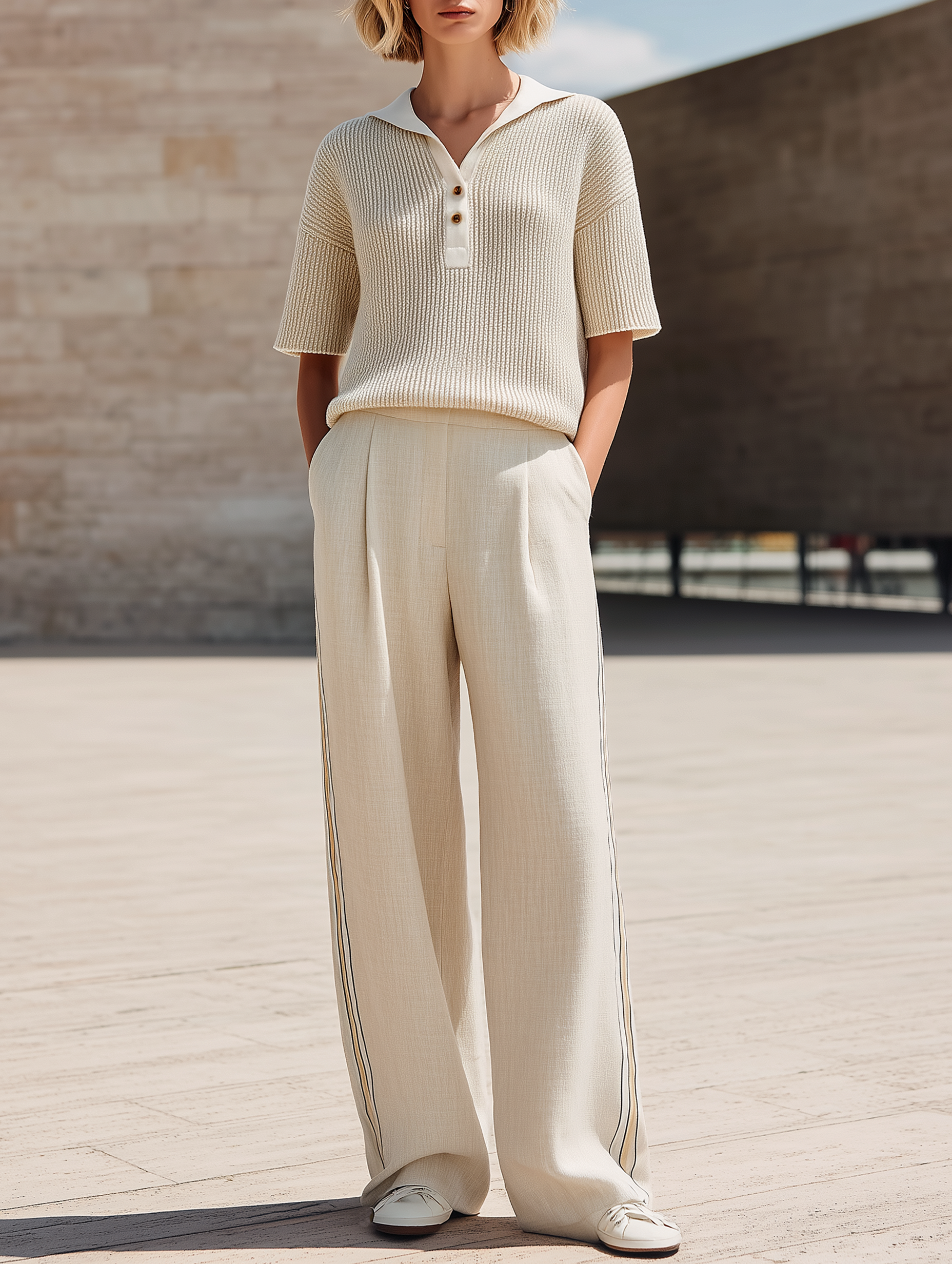 Beige Vertical-Stripe Knit Polo And Linen Wide-Leg Trousers Set
