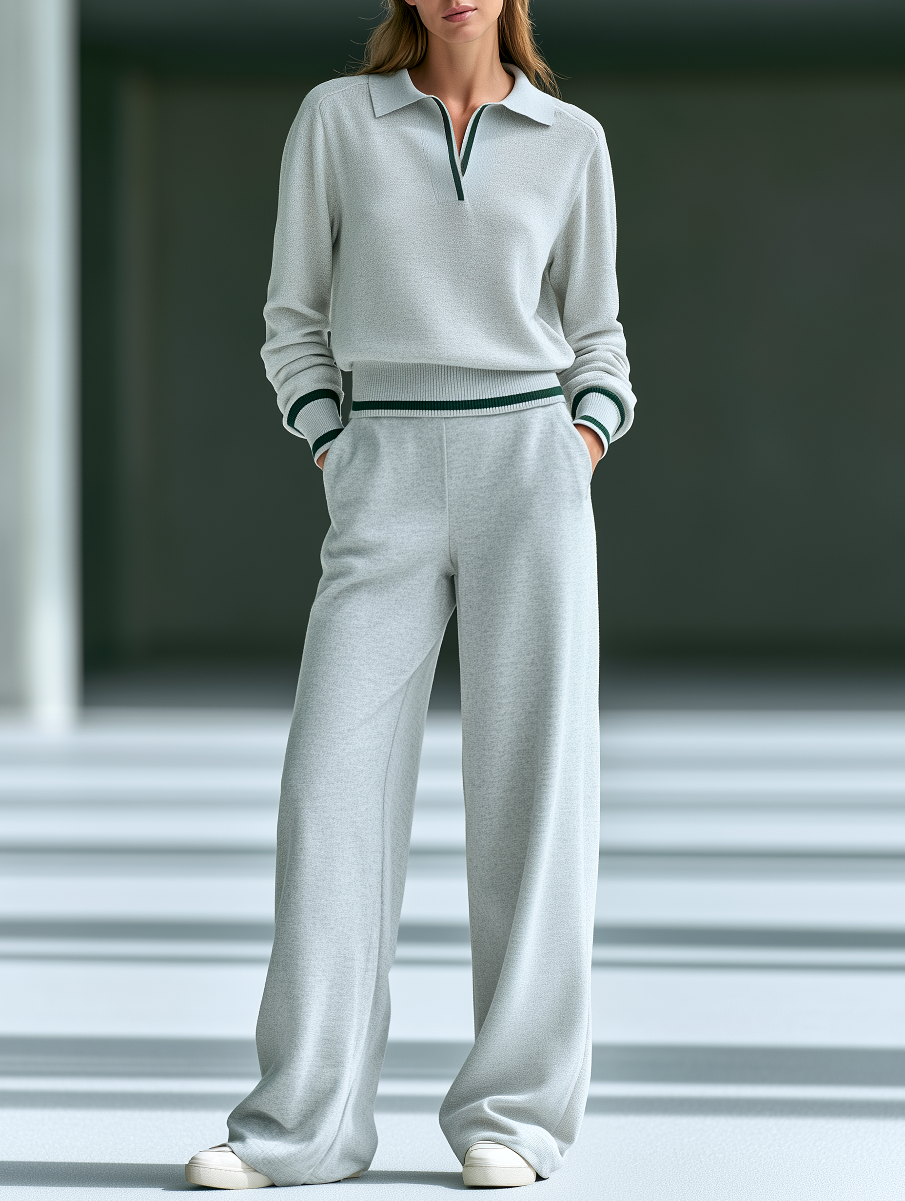 Grey Knit Sweatshirt And High-waisted Wide-leg Trousers Set