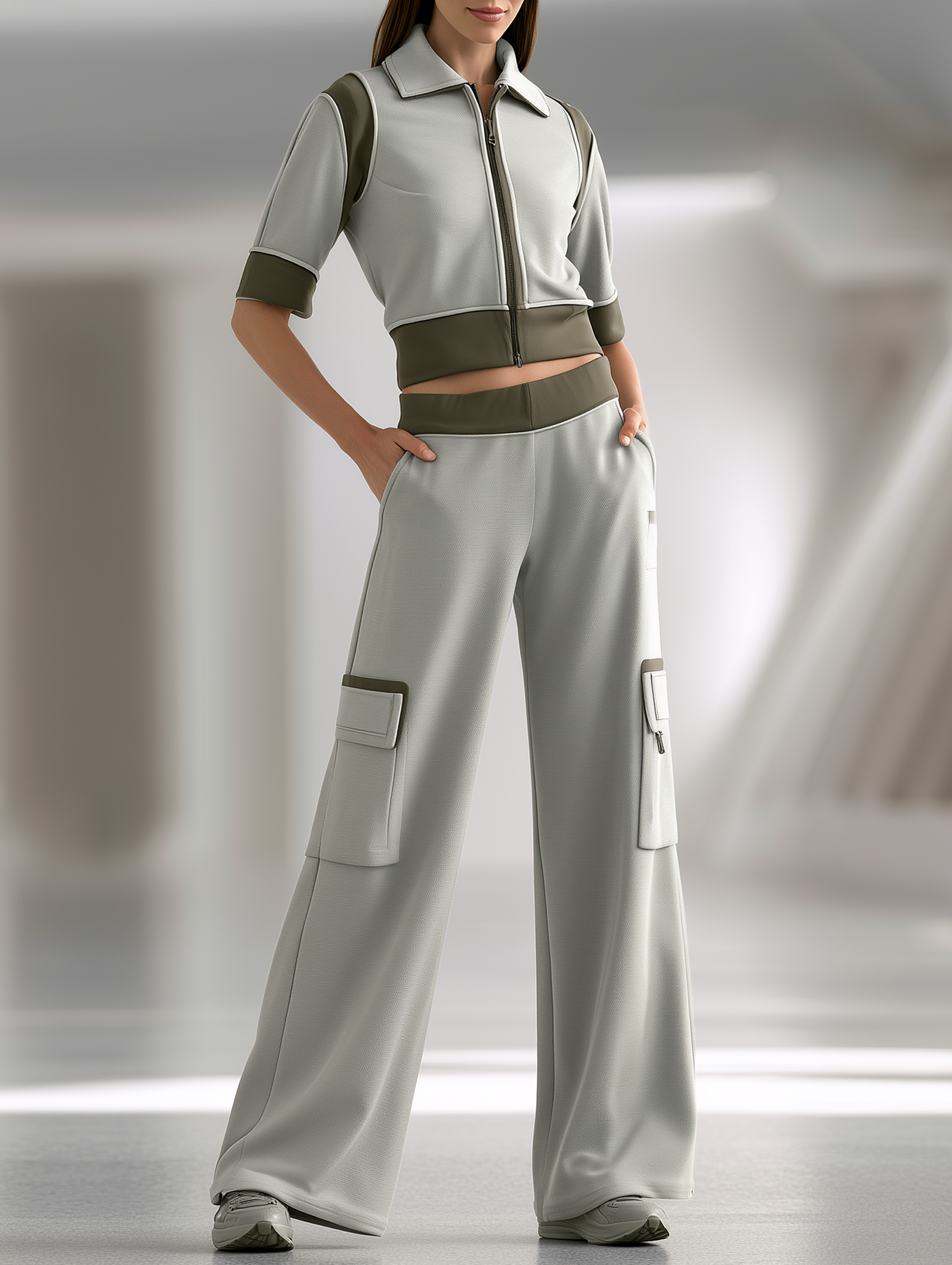 Grey And Army Green Short-Sleeve Jacket & Cargo Pants Set